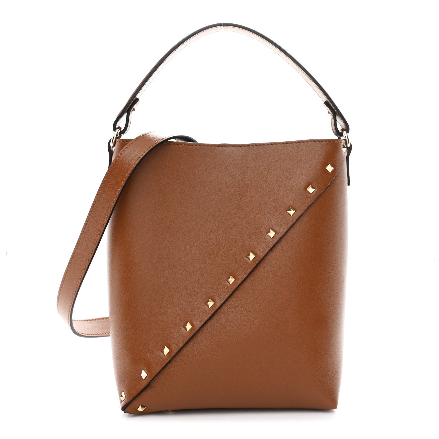 Valentino Garavani Calfskin Rockstud Wispy Bucket Bag Tobacco
