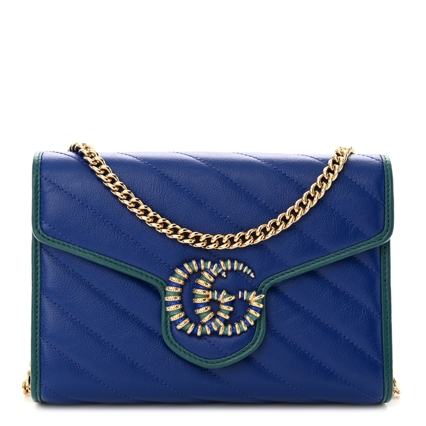 Azalea Calfskin Enamel Matelasse Diagonal Torchon GG Marmont Chain Wallet Imperial Blue Pavone