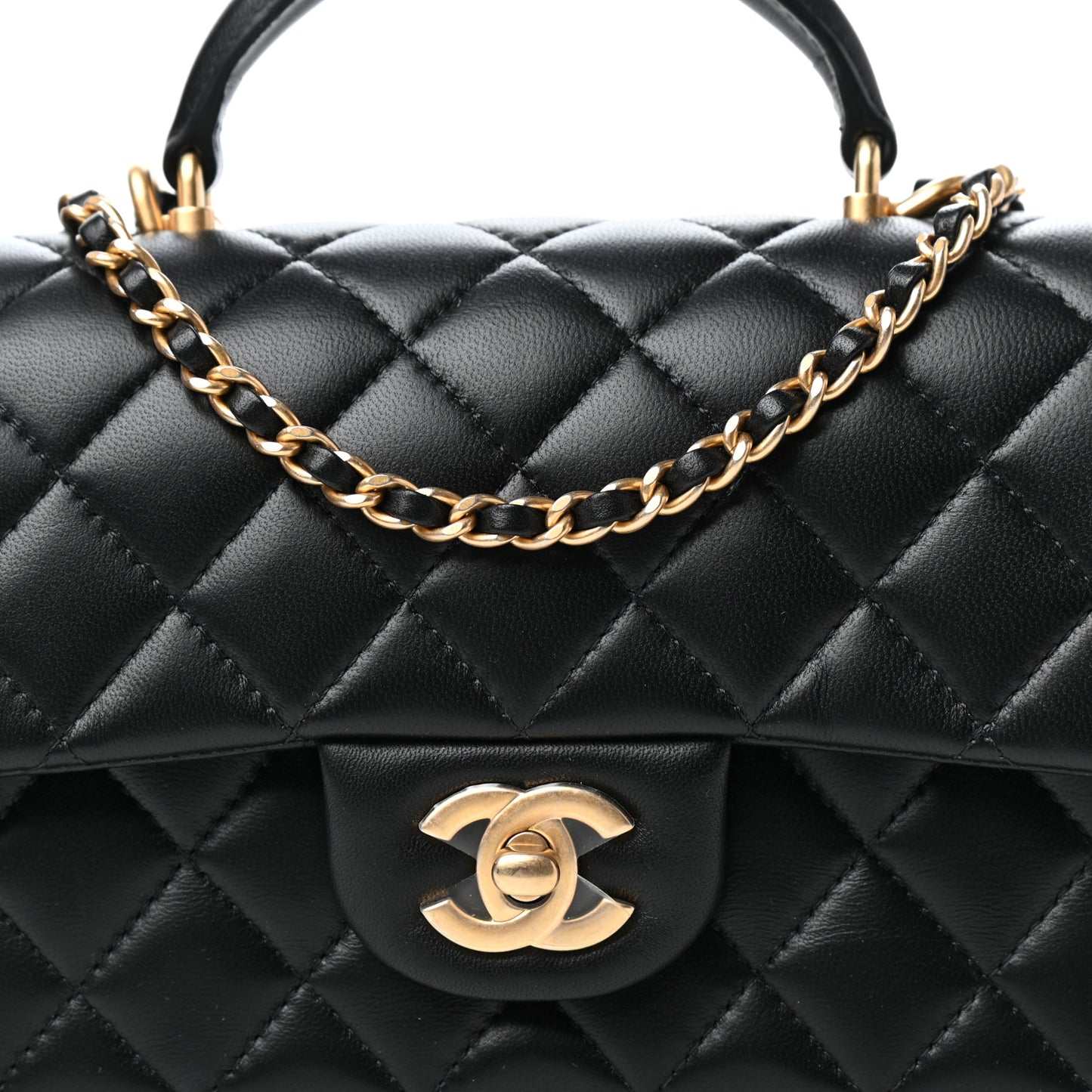 Lambskin Quilted Mini Top Handle Rectangular Flap Black