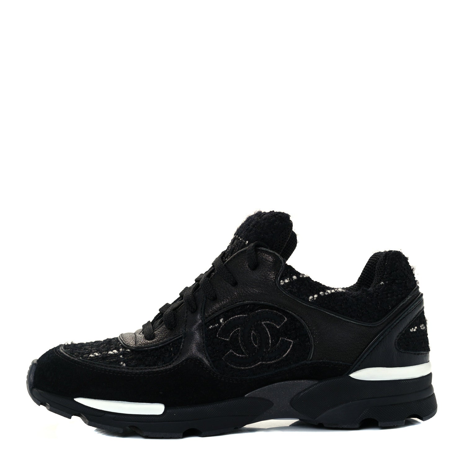 Chanel Tweed Suede Goatskin CC Sneakers 37 Black White 1 of 12