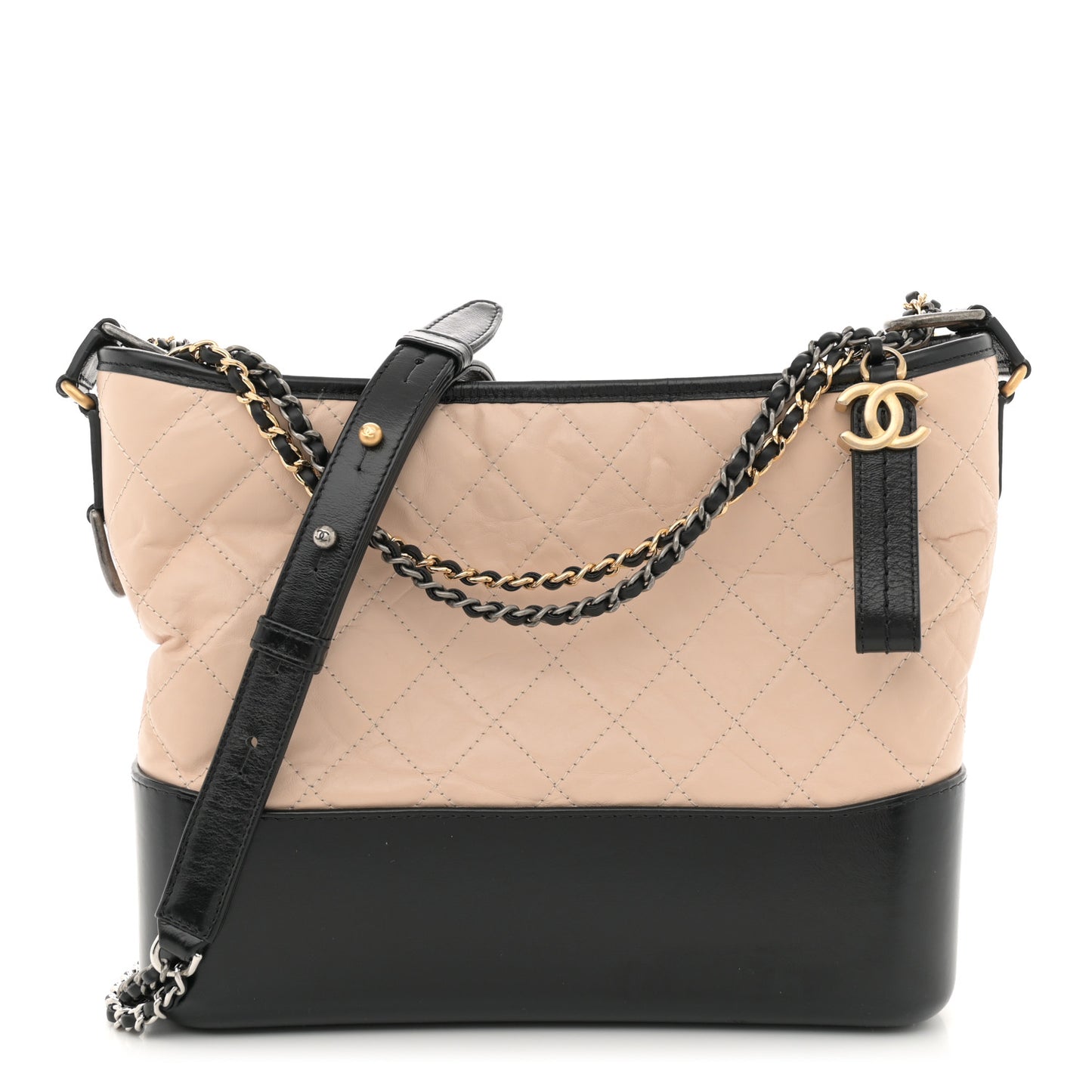 Aged Calfskin Quilted Medium Gabrielle Hobo Beige Black