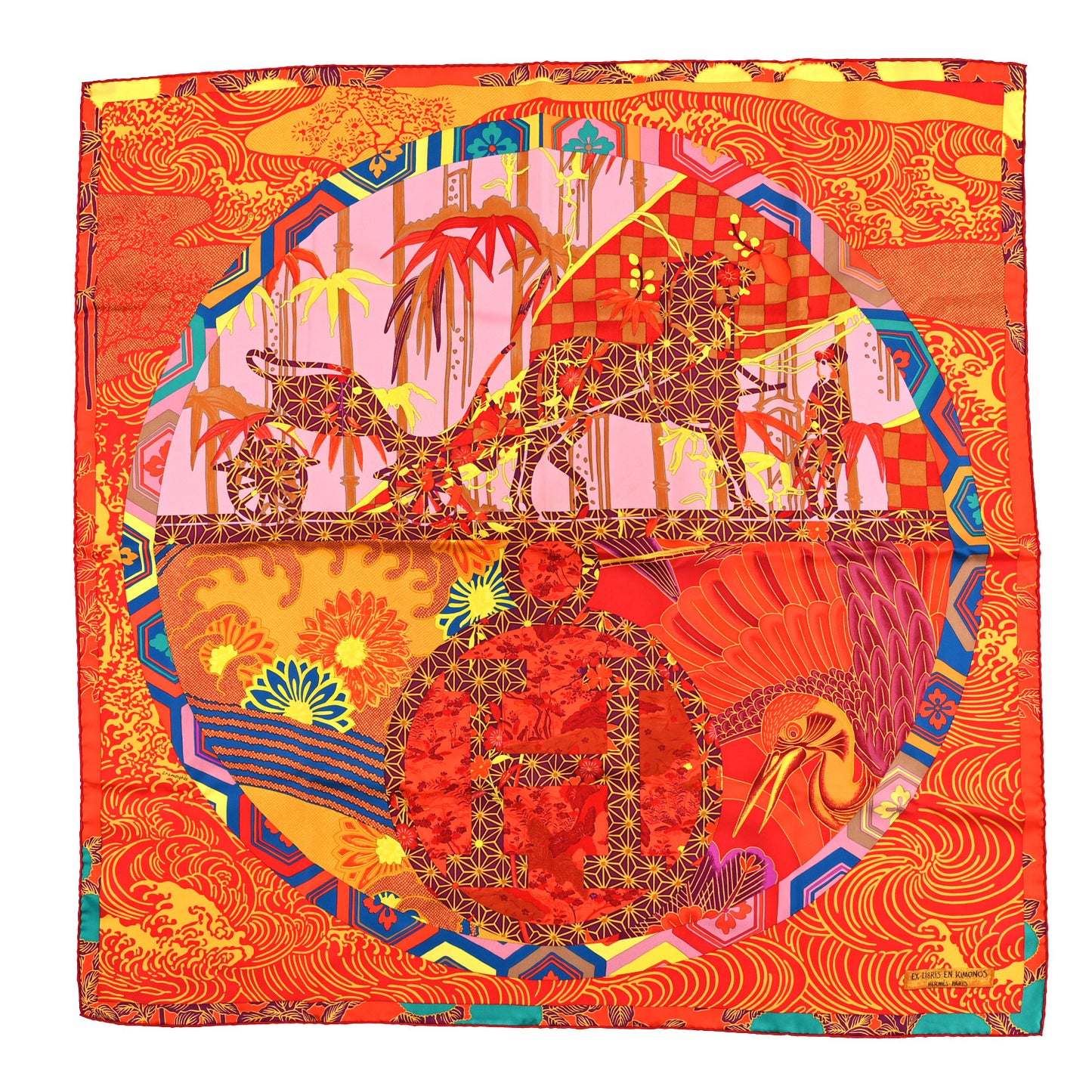 Silk Ex Libris En Monogram Kimonos Scarf 90 Rouge Rose Jaune