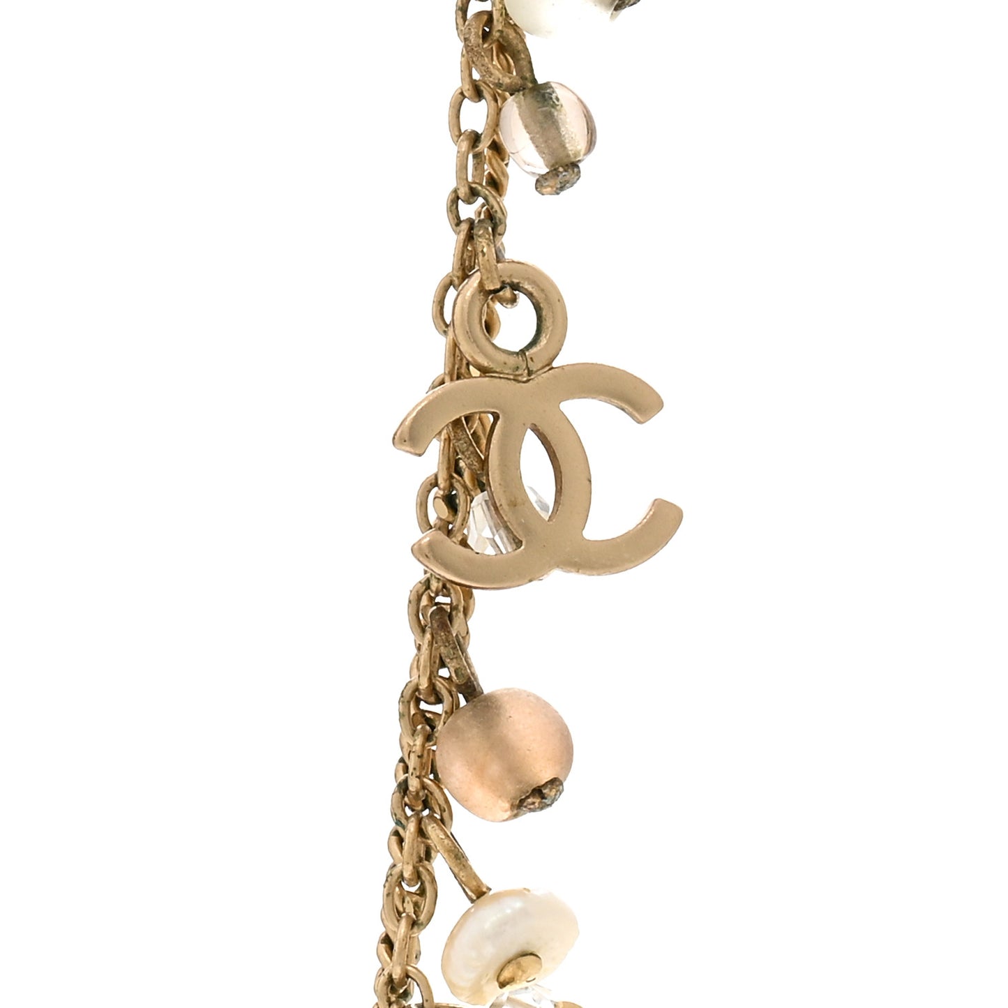 Pearl Crystal CC Double Chain Necklace Gold