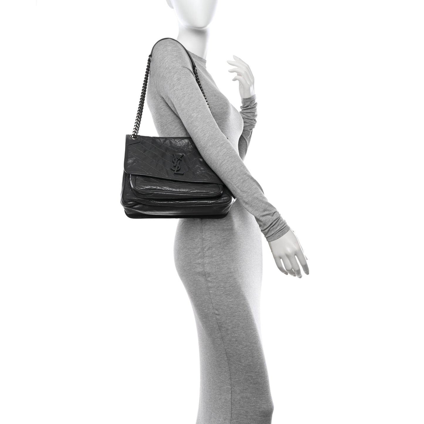 Crinkled Calfskin Matelasse Monogram Medium Niki Chain Satchel Fog