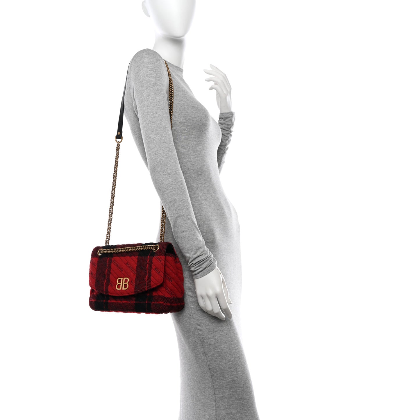 Wool Plaid Diagonal Allover Logo Matelasse M BB Round Shoulder Bag Red Black