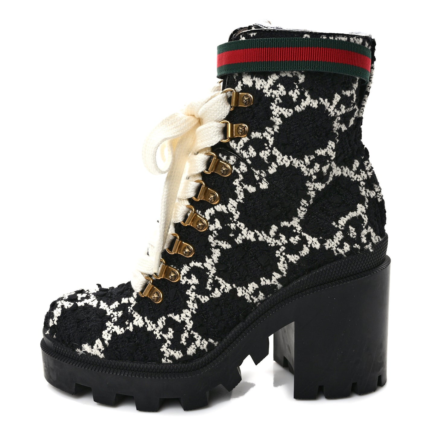 Tweed GG Monogram Lace Up Combat Ankle Boots 36.5 Black