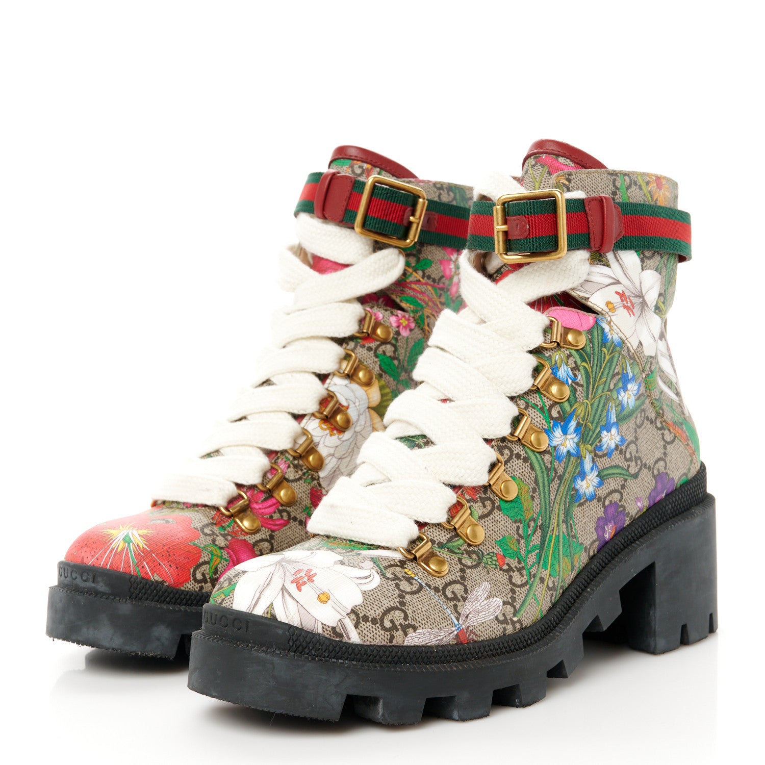 Gucci GG Supreme Monogram Flora Lace Up Combat Ankle Boots 38.5 Beige Multicolor Red 3 of 9