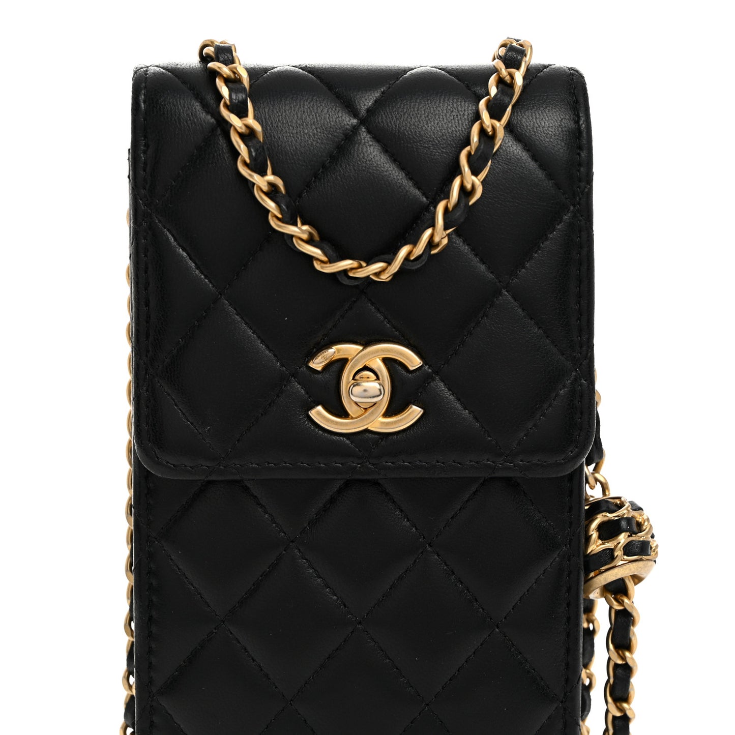 Lambskin Quilted Pearl Crush Phone Holder With Chain Black