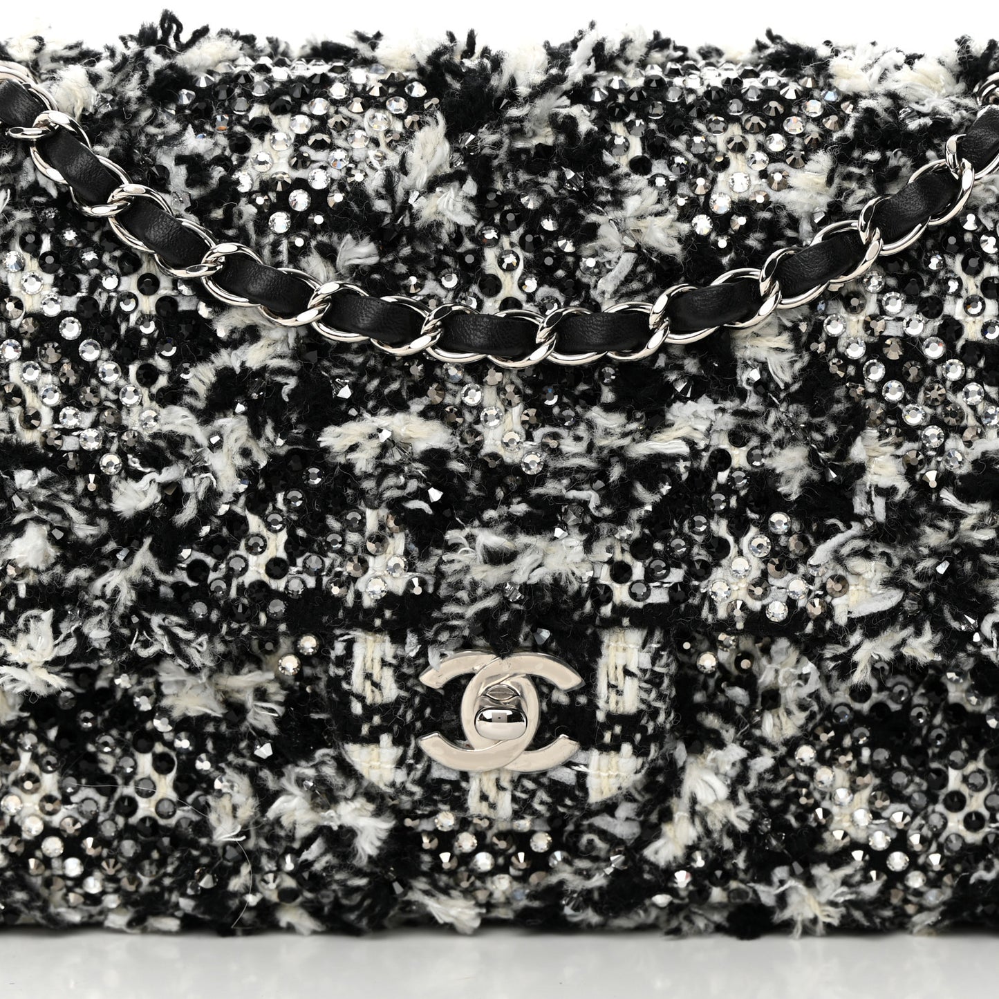Crystal Tweed Quilted Medium Double Flap Black Ecru White