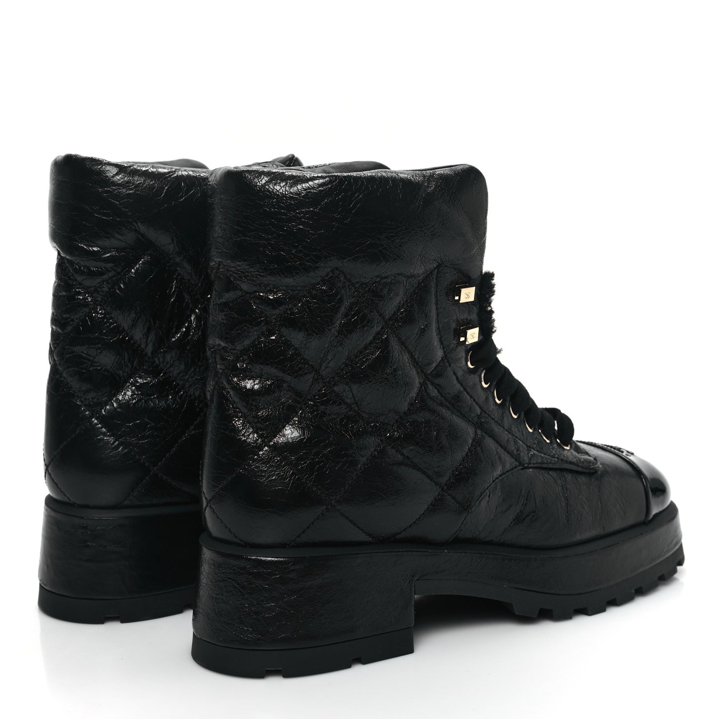Crumpled Patent Lambskin Calfskin Quilted Lace Up Combat Boots 41.5 Black