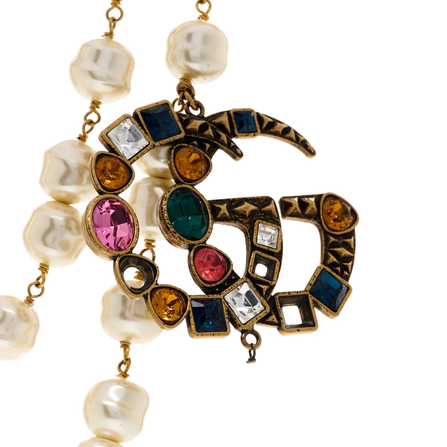 Crystal Pearl Double G Necklace Aged Gold Multicolor