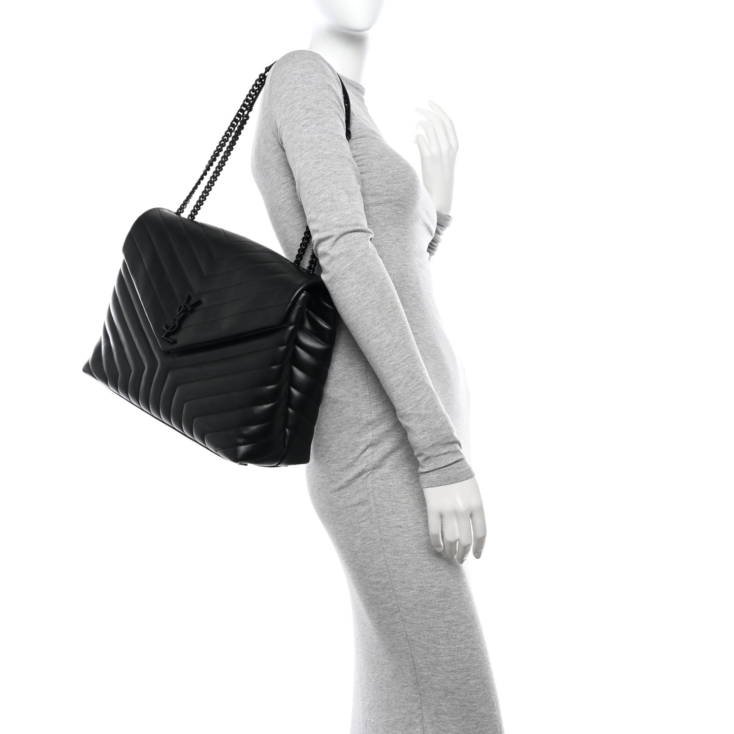 Calfskin Y Quilted Monogram Monochrome Large Loulou Chain Satchel Black