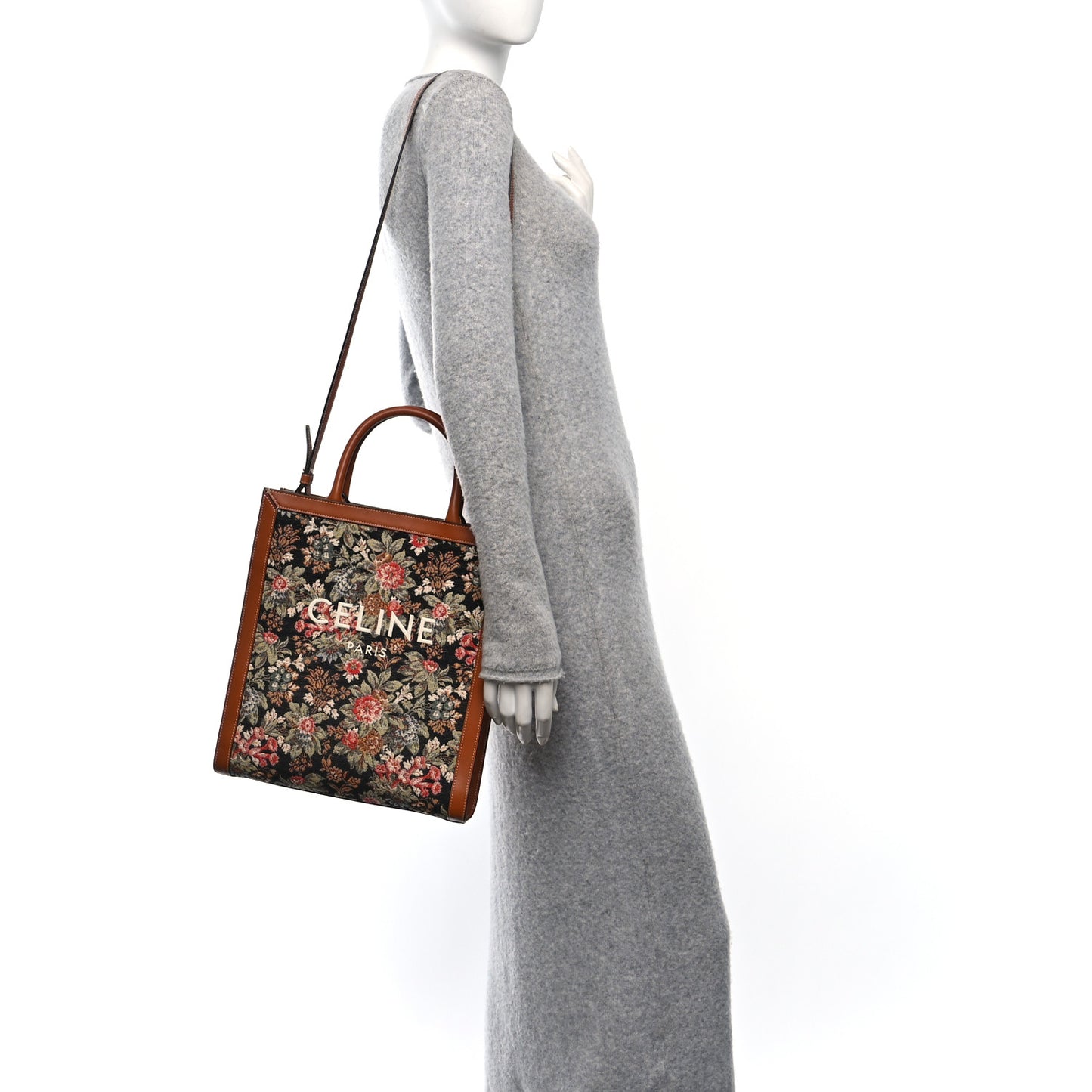 Canvas Calfskin Jacquard Floral Small Vertical Cabas Black Tan