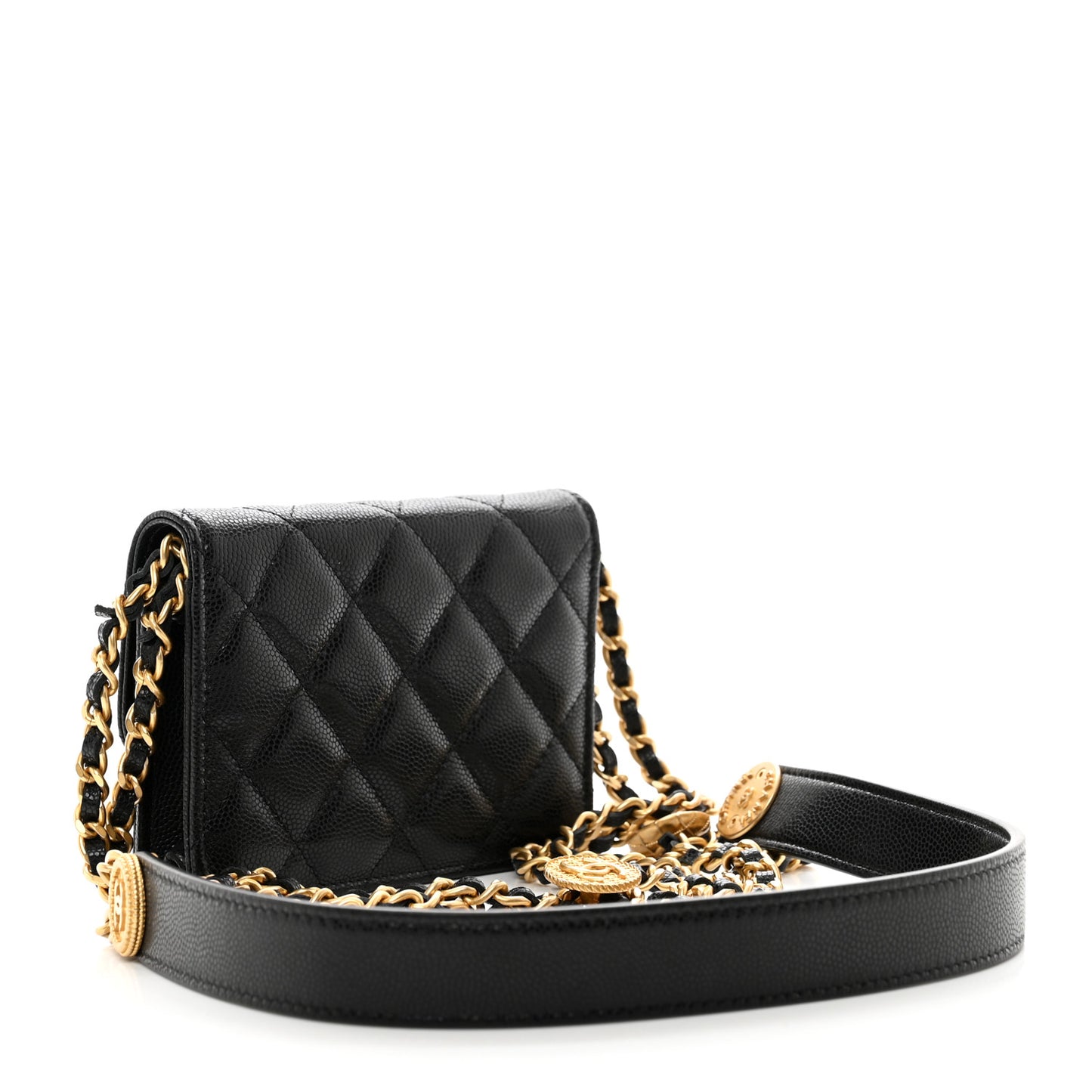 Caviar Quilted Twist Your Buttons Coin Purse With Chain Black