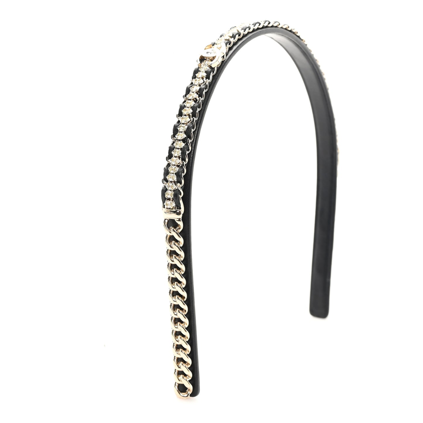 Metal Lambskin Crystal CC Chain Headband Gold Black