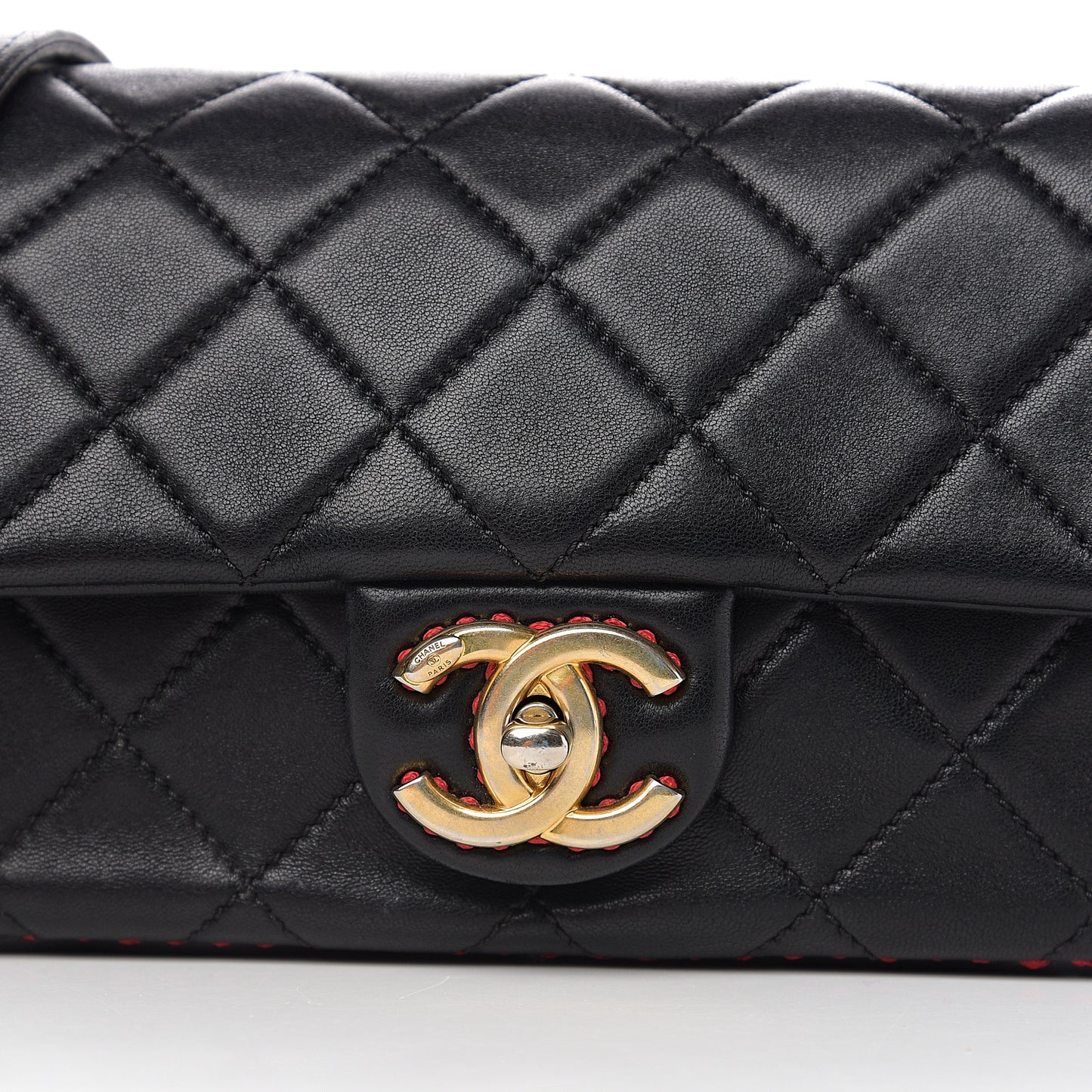 Lambskin Quilted Small Contrast Stitch Flap Black