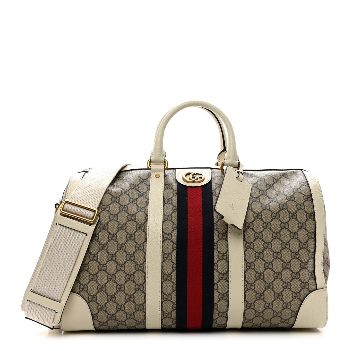 GG Supreme Monogram Textured Dollar Calfskin Web Medium Ophidia Duffle Bag Beige Ebony Mystic White