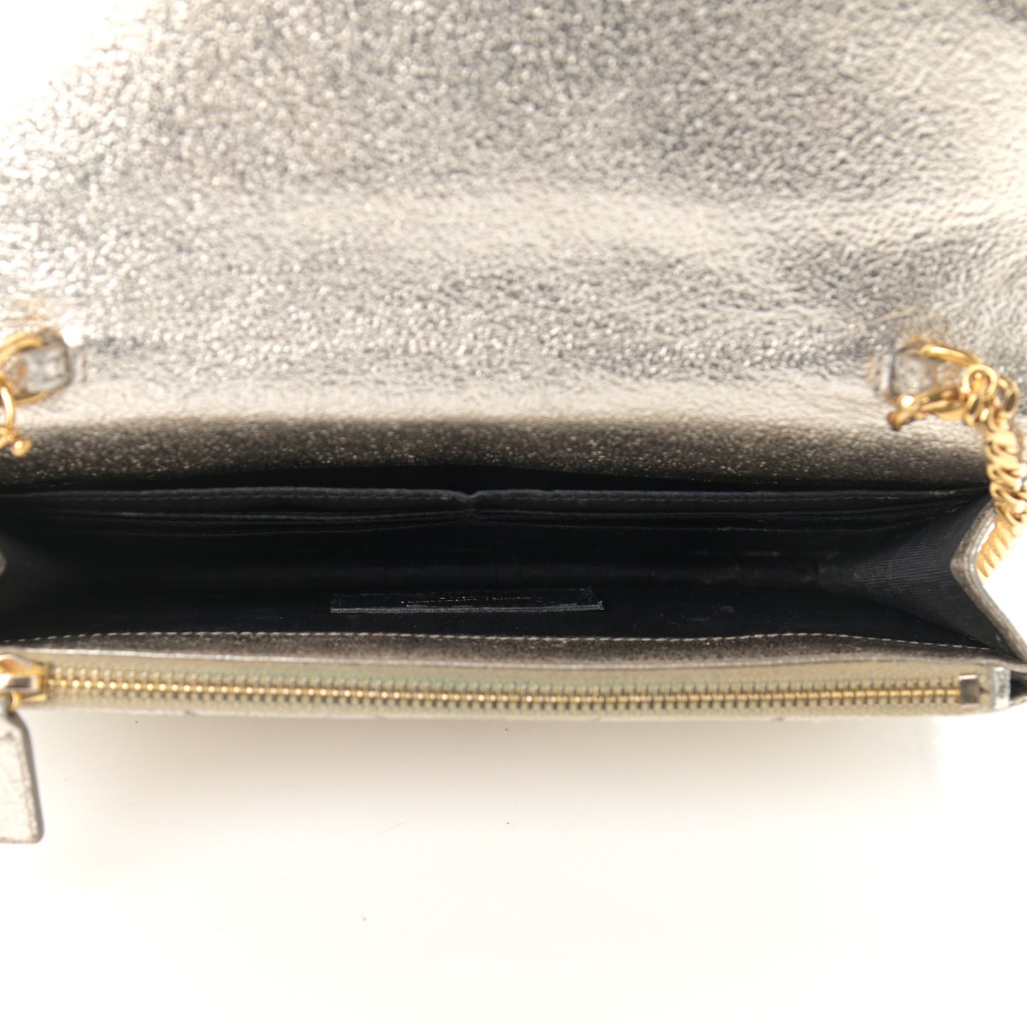 Metallic Crackled Calfskin Matelasse Chevron Monogram Envelope Chain Wallet Gold