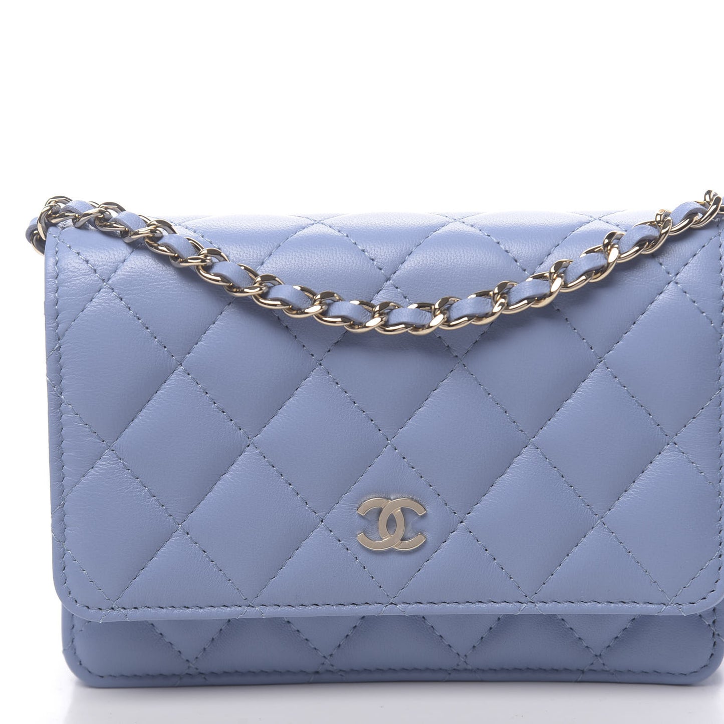 Lambskin Quilted Mini Wallet On Chain WOC Light Blue