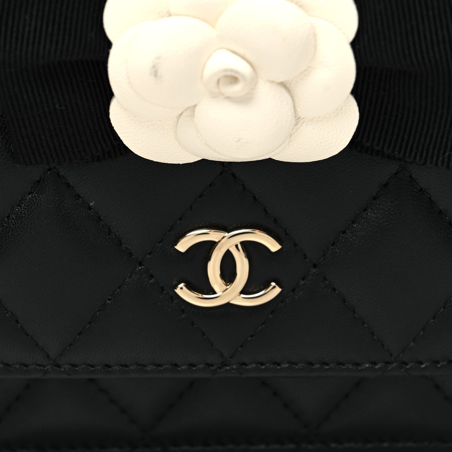 Lambskin Quilted Mini Camellia Bow Wallet On Chain WOC Black