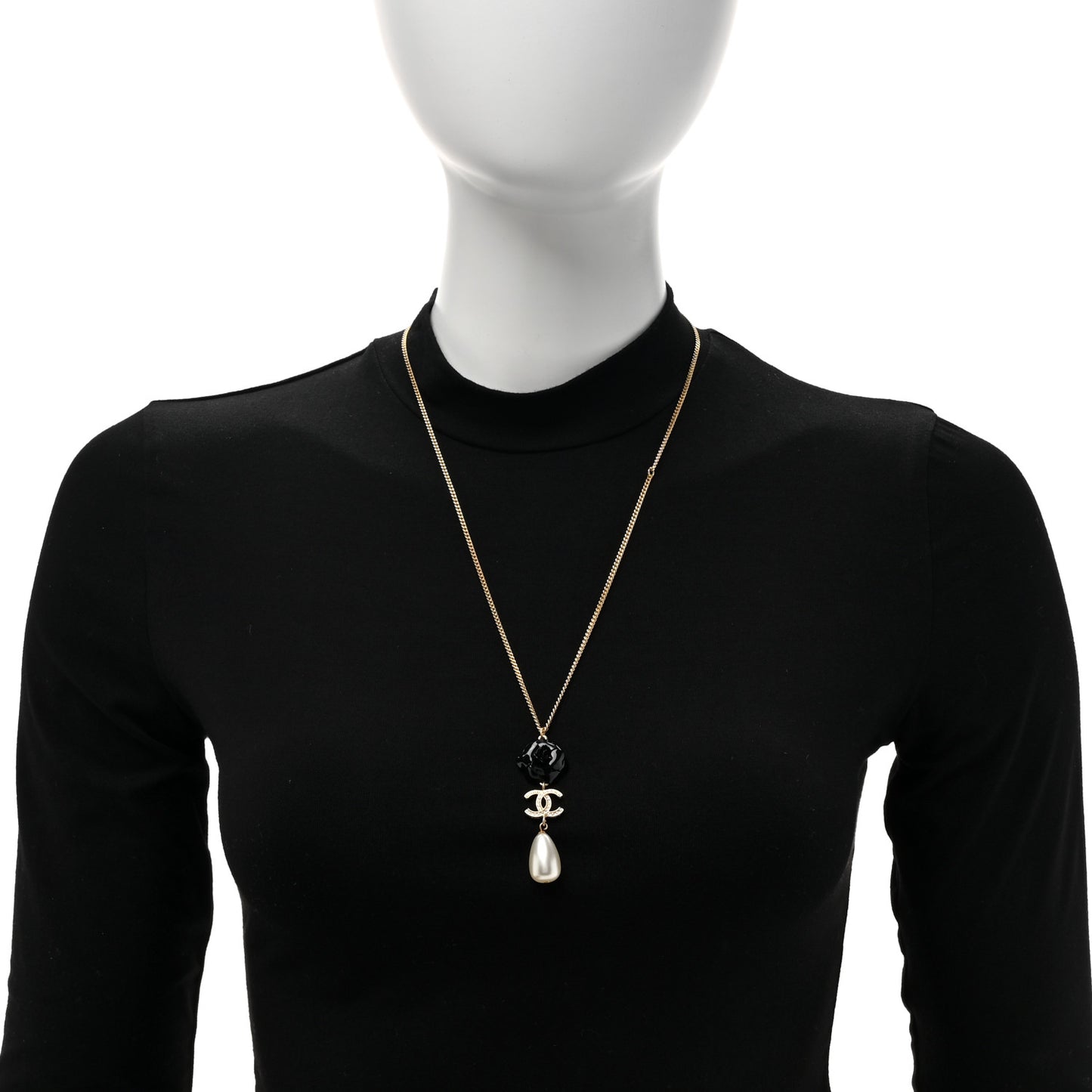 Enamel Crystal Pearl CC Camellia Necklace Gold Black