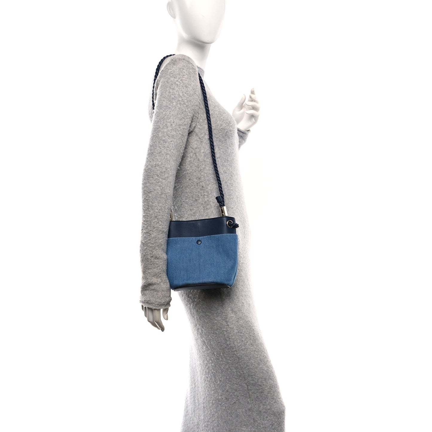 Linen Calfskin Small Key Bucket Bag Blue