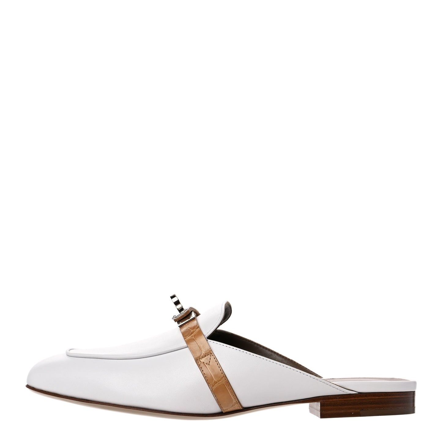 Shiny Alligator Calfskin Oz Mules 37 White Beige Gingembre