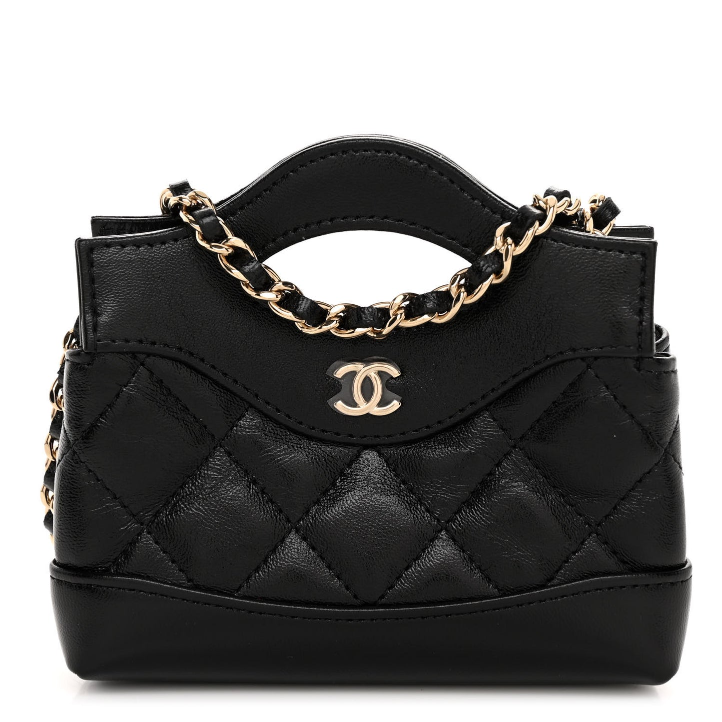 Shiny Lambskin Quilted Micro 31 Clutch With Chain Black