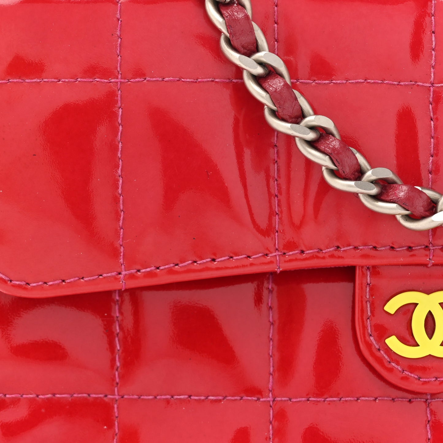 Patent Square Quilted Extra Mini Convertible Flap Belt Bag Red