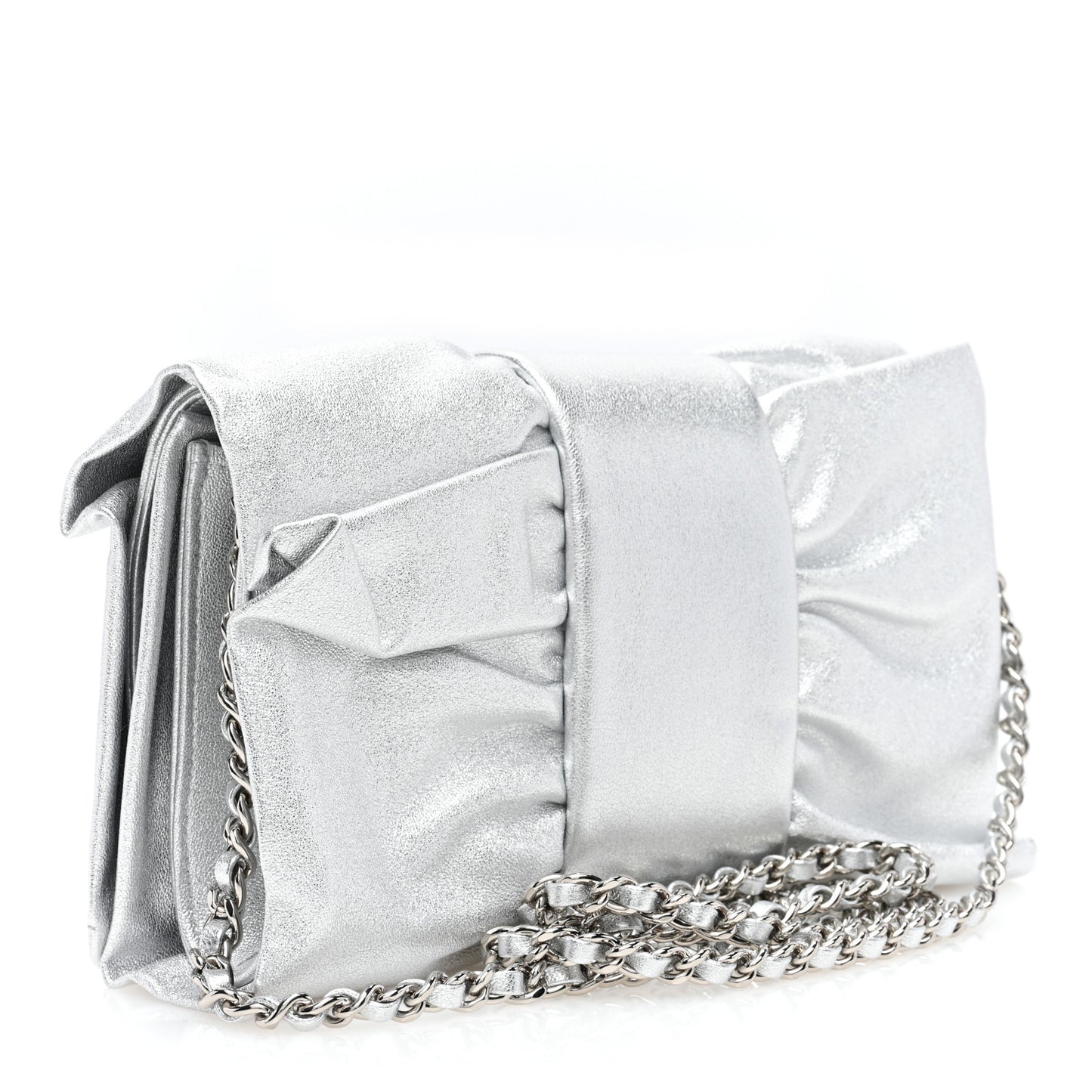 Metallic Lambskin Tie My Bow Flap Clutch With Chain Silver