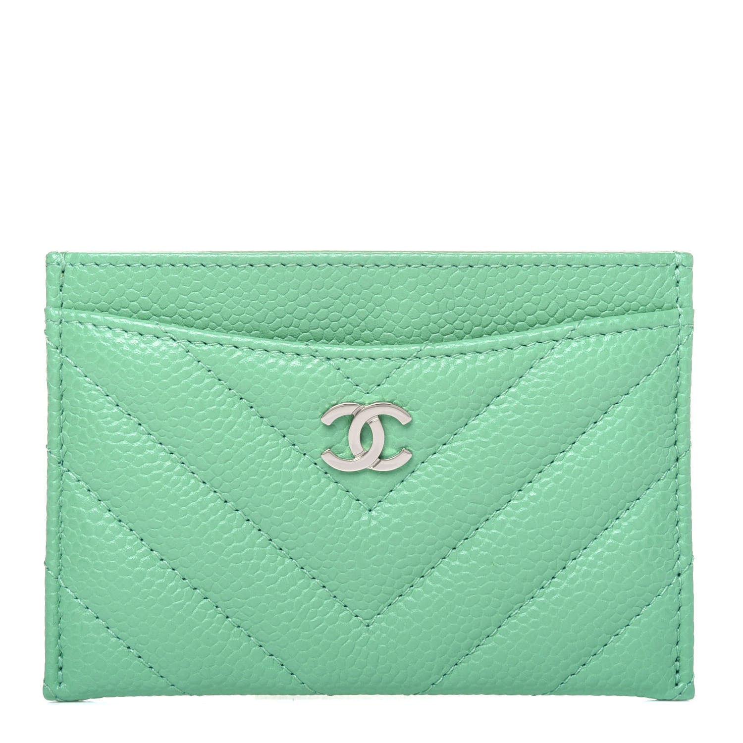 Chanel Caviar Chevron Quilted Card Holder Light Green 1 of 12