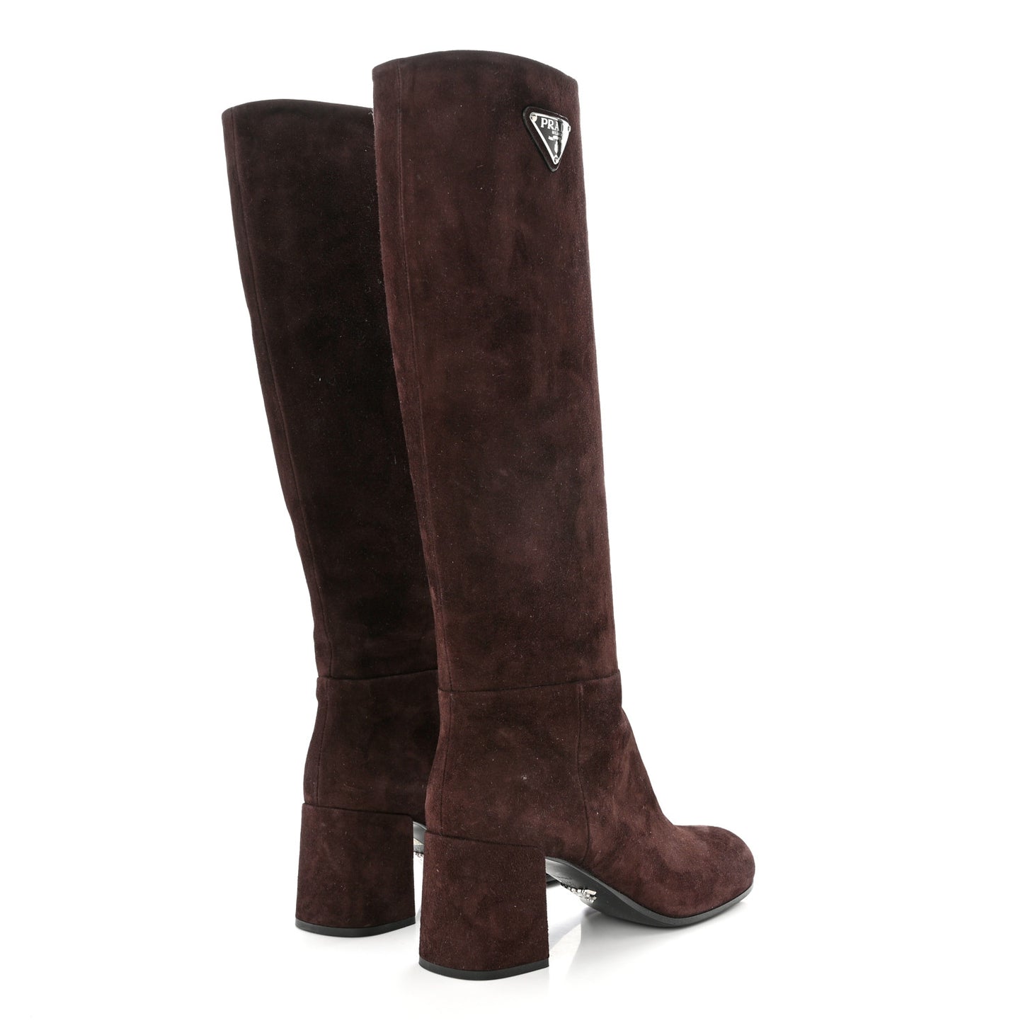 Suede Metal Triangle Logo Block Heel 65mm Knee Boots 37.5 Brown