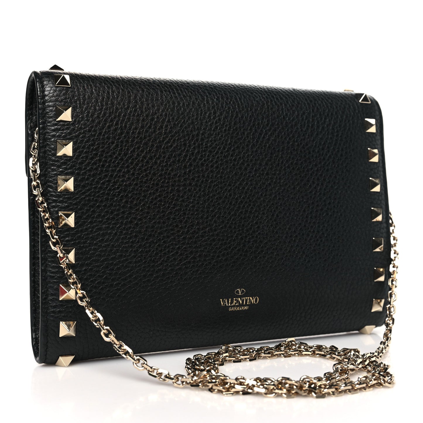 Pebbled Calfskin Rockstud Envelope Wallet on Chain Black