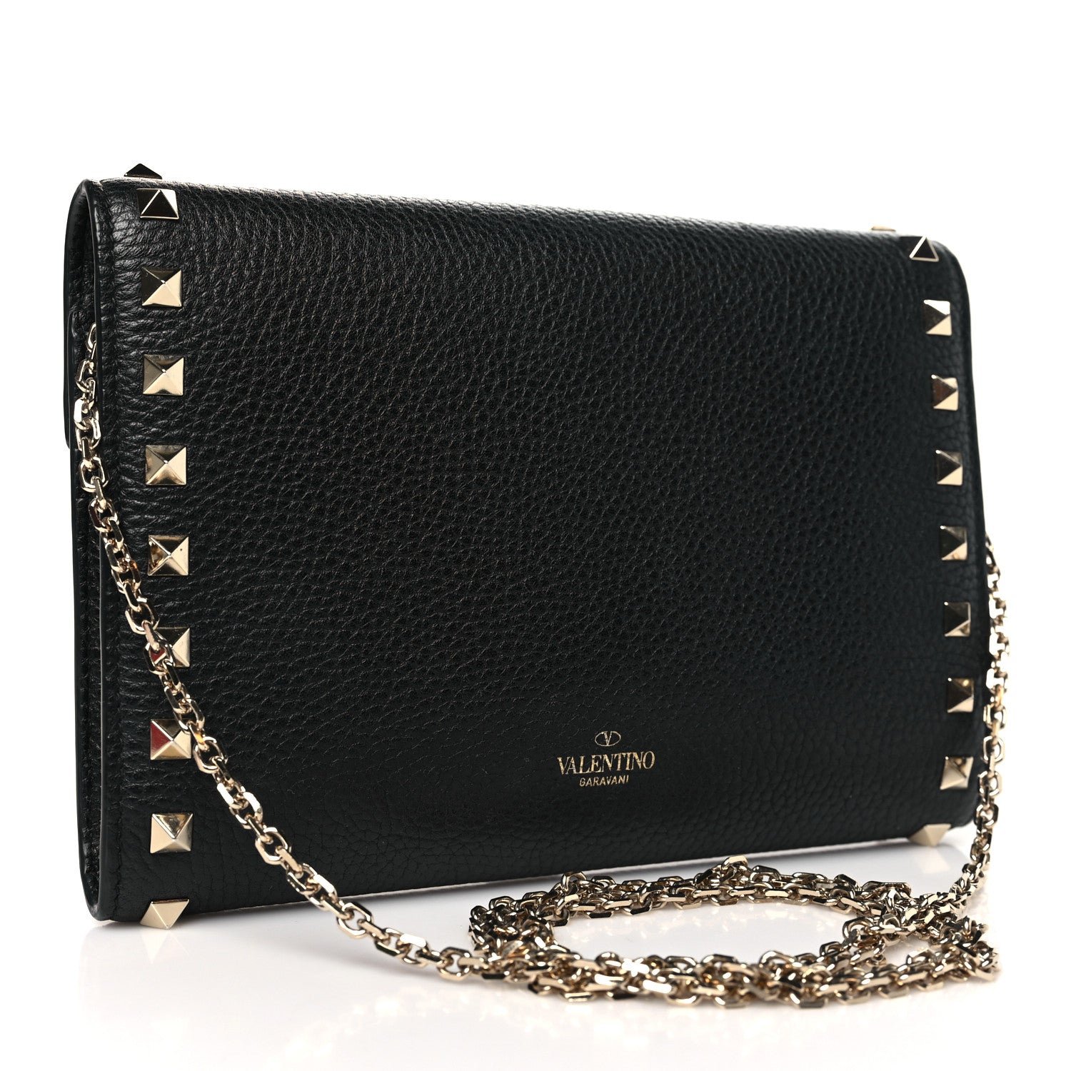 Valentino Garavani Pebbled Calfskin Rockstud Envelope Wallet on Chain Black 3 of 10