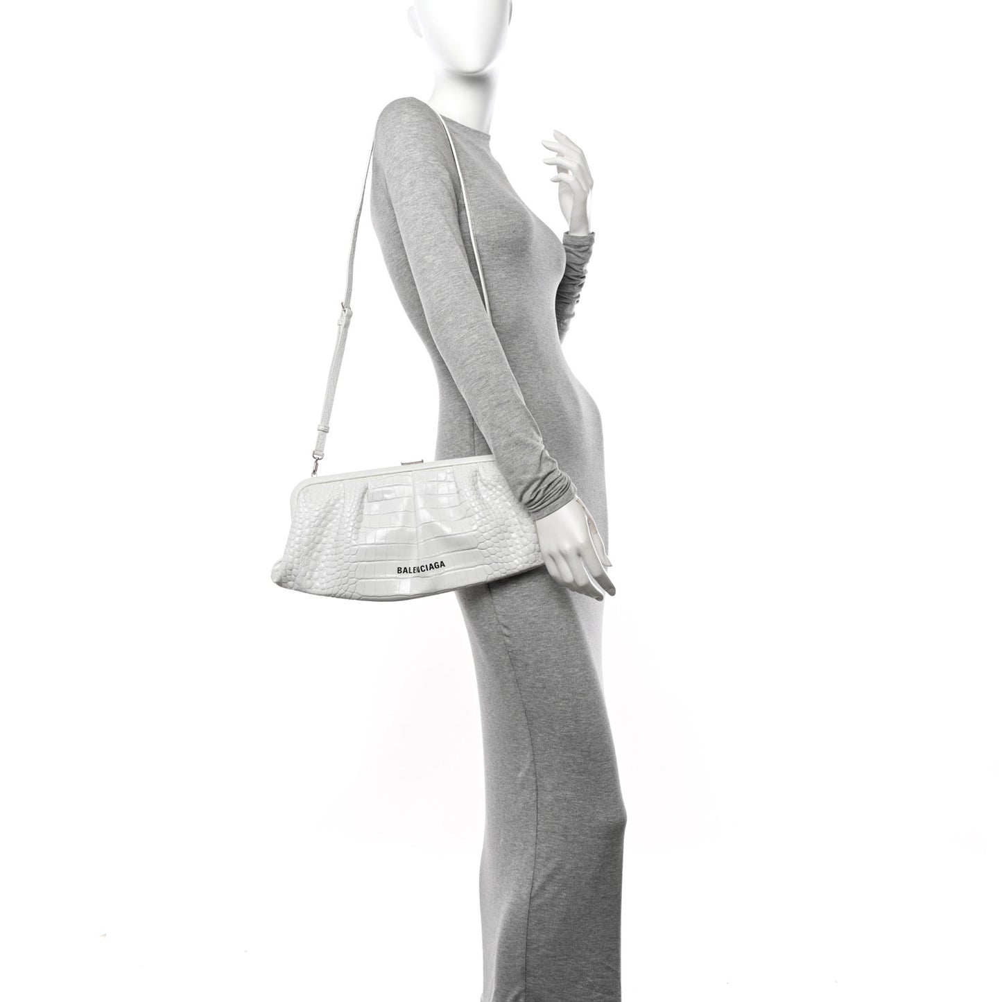 Shiny Supple Calfskin Logo Crocodile Embossed XL Cloud Clutch White