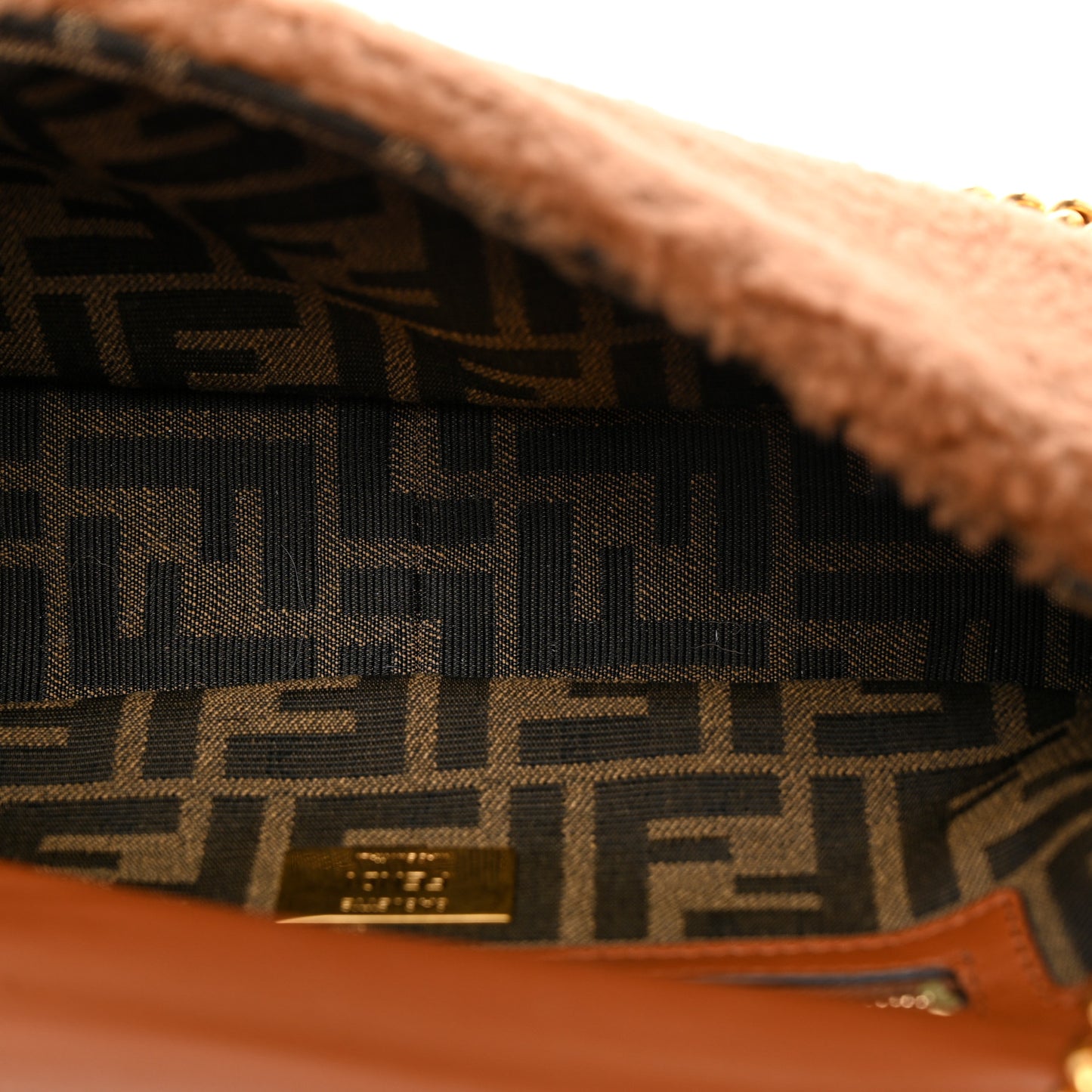Shearling Lambskin Midi Chain Baguette Caramello