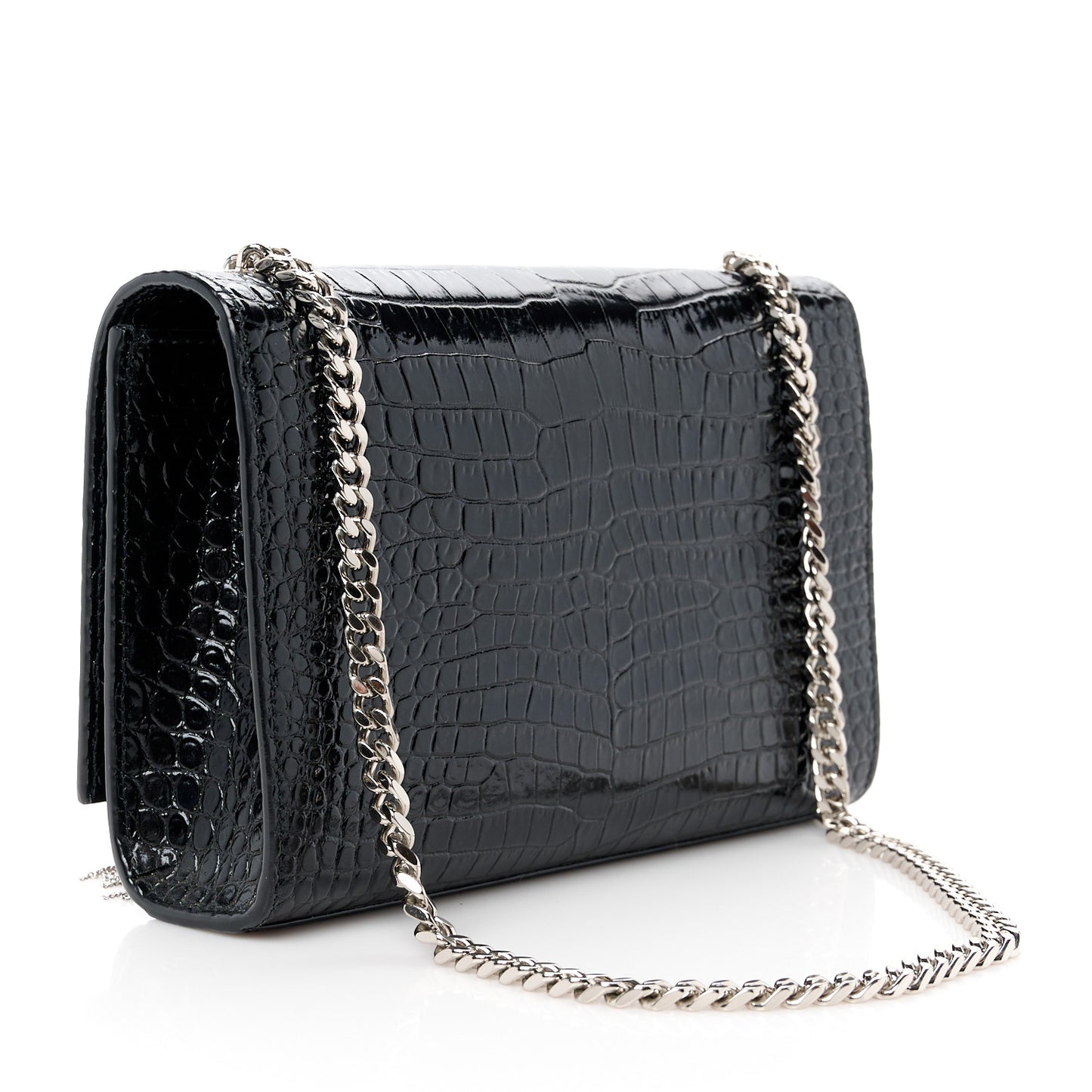 Calfskin Crocodile Embossed Small Classic Monogram Kate Tassel Satchel Black