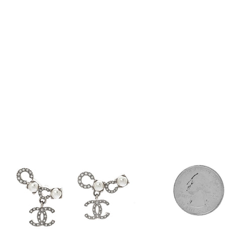Metal Crystal Pearl Coco CC Earrings Silver