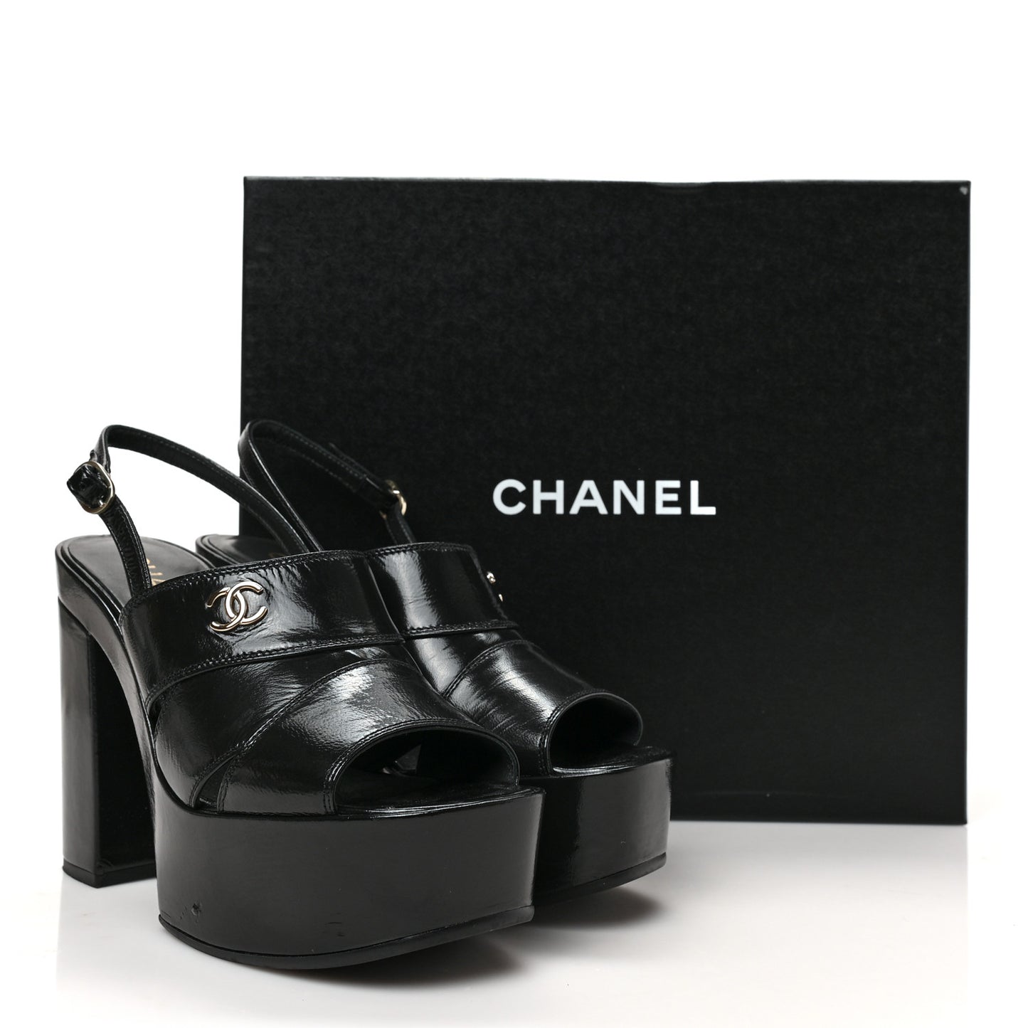 Crumpled Patent Lambskin Platform Sandals 38.5 Black