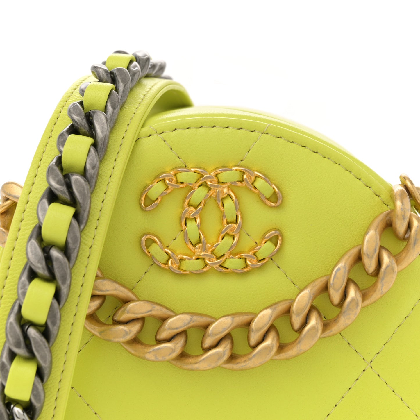 Lambskin Quilted Chanel 19 Round Clutch With Chain Yellow
