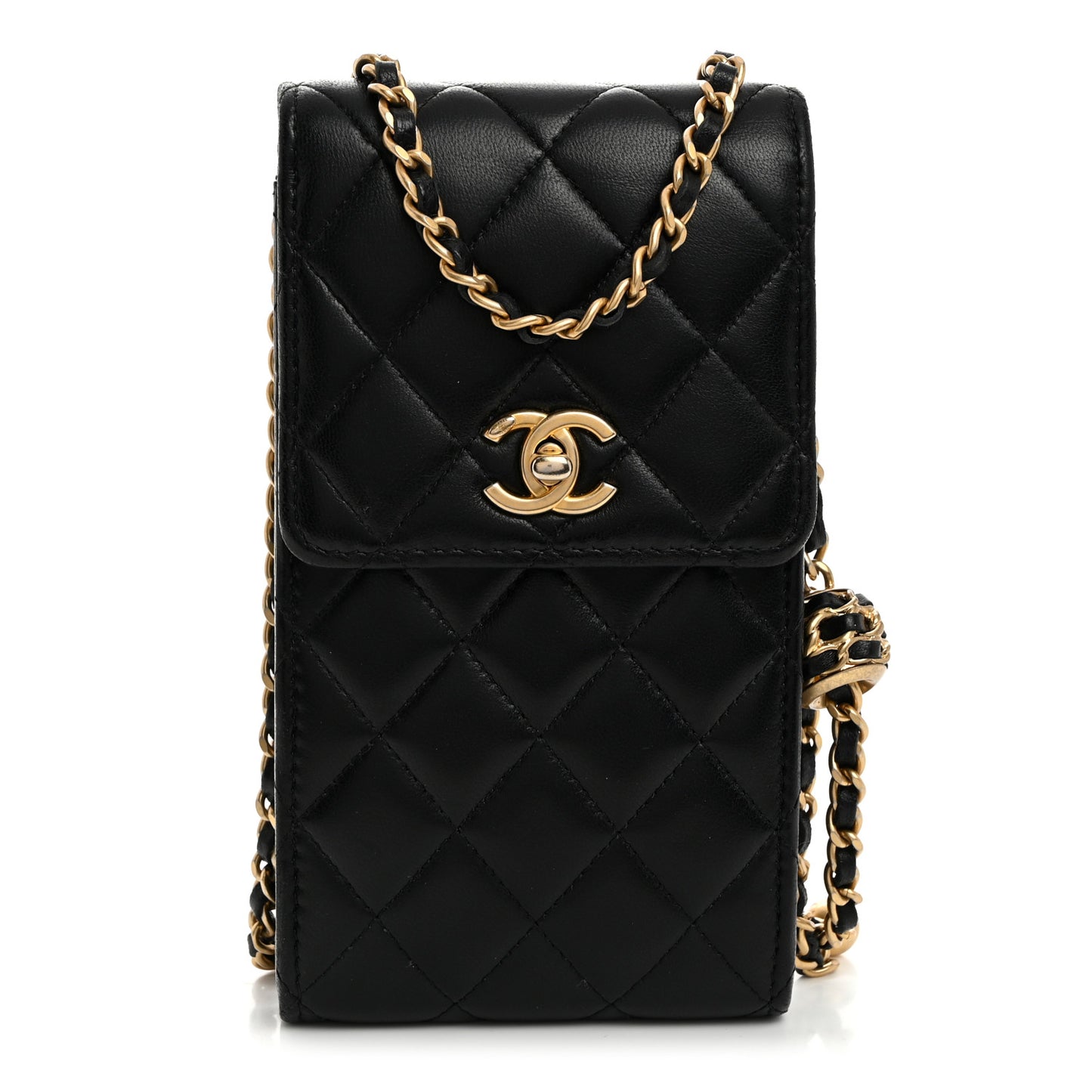 Lambskin Quilted Pearl Crush Phone Holder With Chain Black