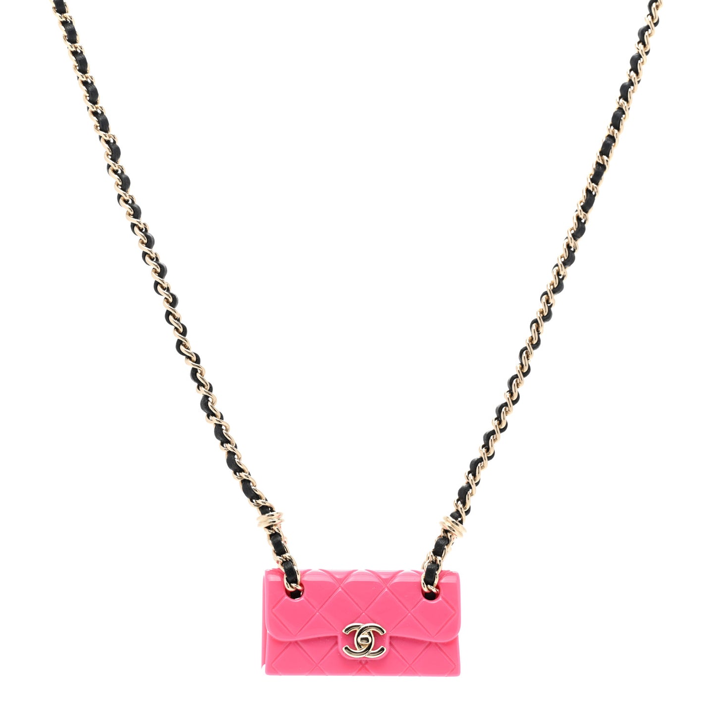 Metal Resin Calfskin Quilted CC Turnlock Chain Bag Necklace Gold Pink