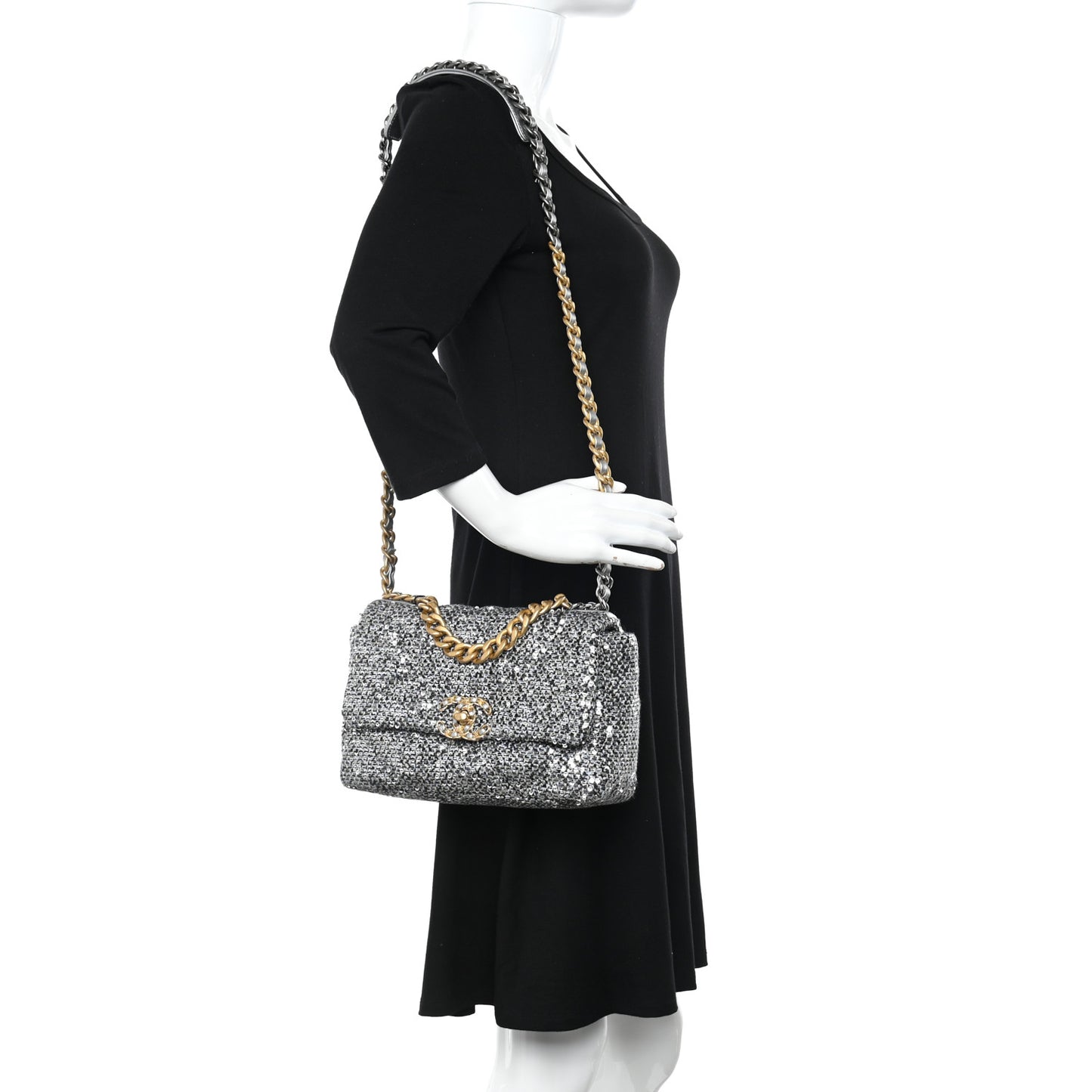 Sequin Quilted Medium Chanel 19 Flap Silver