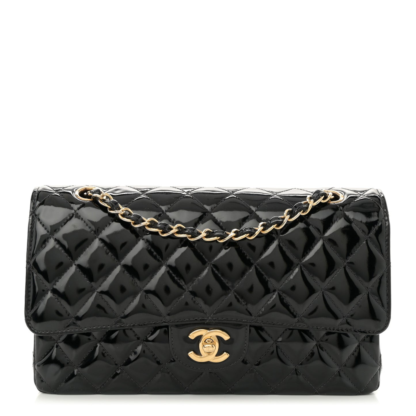 Patent Quilted Medium Double Flap Black