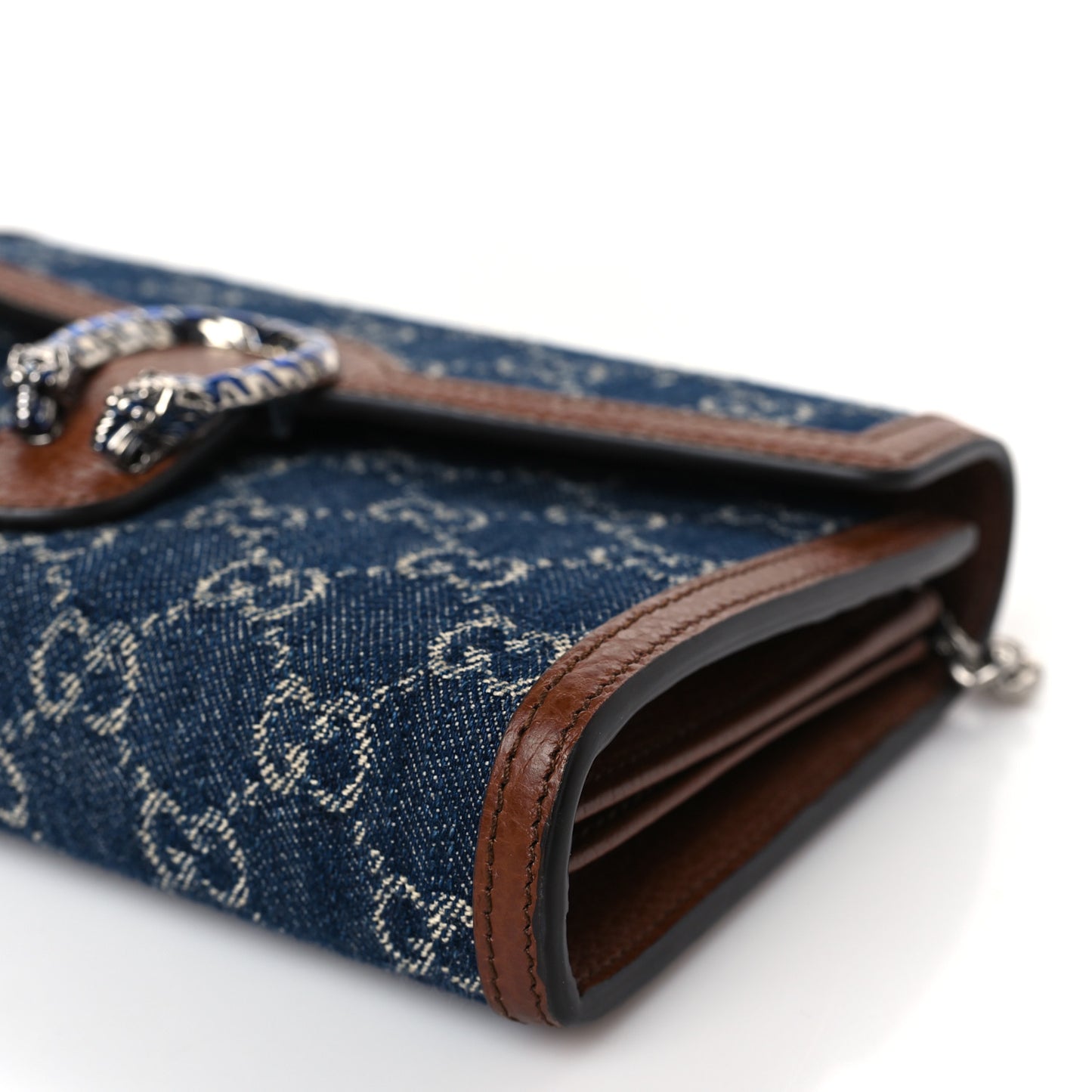 New Denim GG Monogram Dollar Calfskin Enamel Mini Dionysus Chain Wallet Blue Tea Cuir Epilog Electric Blue