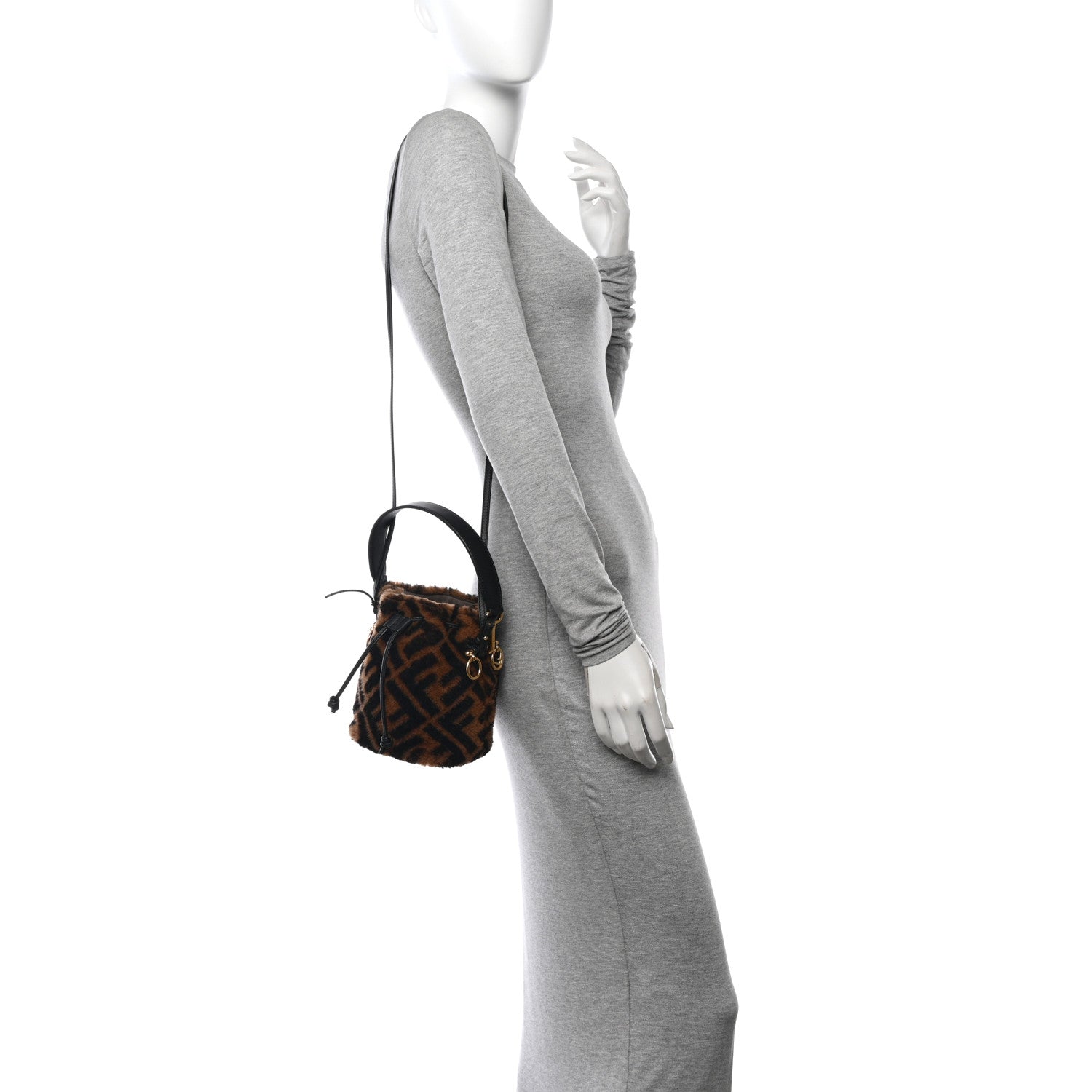Fendi Shearling Vitello Dolce F is Fendi Macro FF 1974 Mini Mon Tresor Bucket Bag Tobacco Black 2 of 13