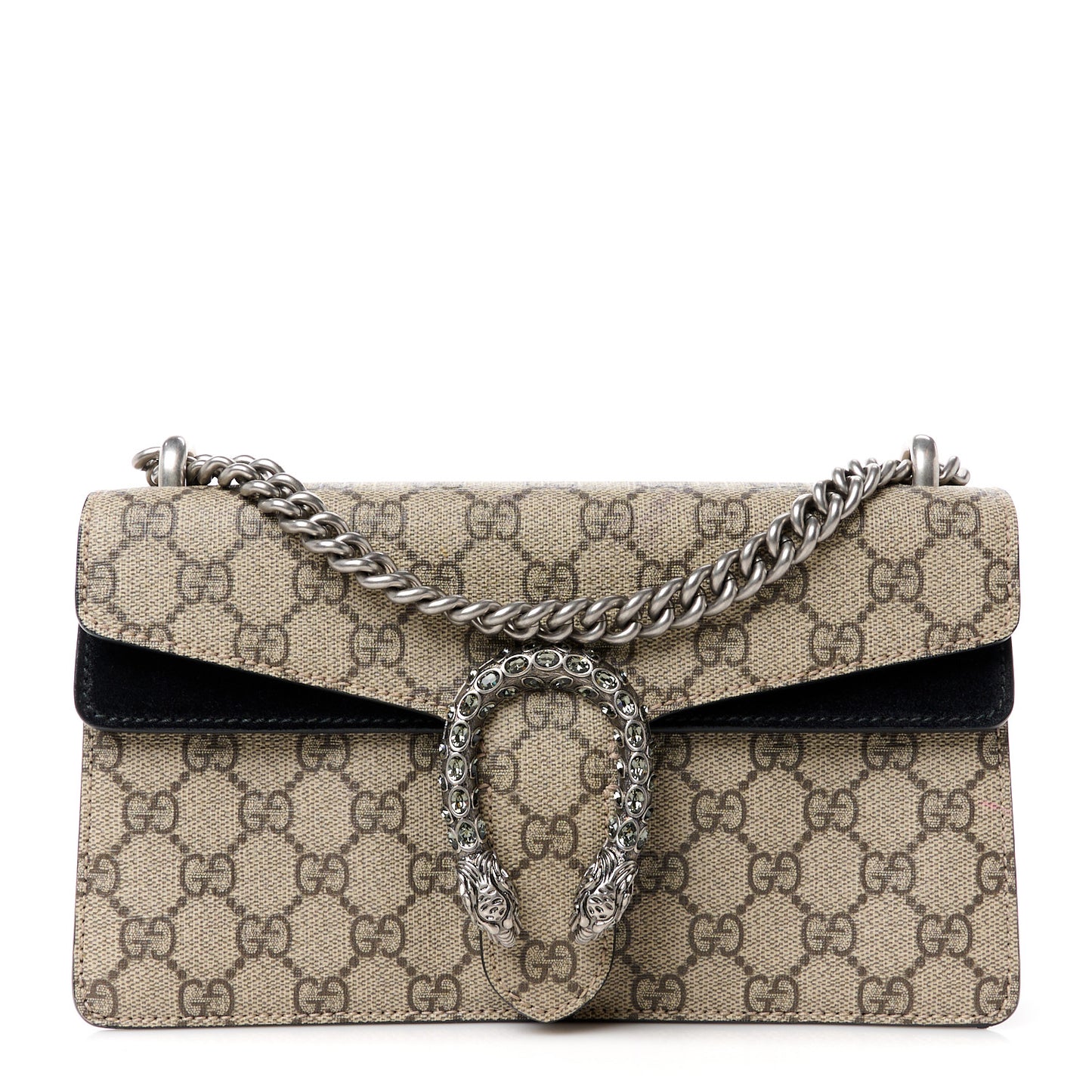 GG Supreme Monogram Suede Crystal Small Dionysus Shoulder Bag Beige Ebony Black