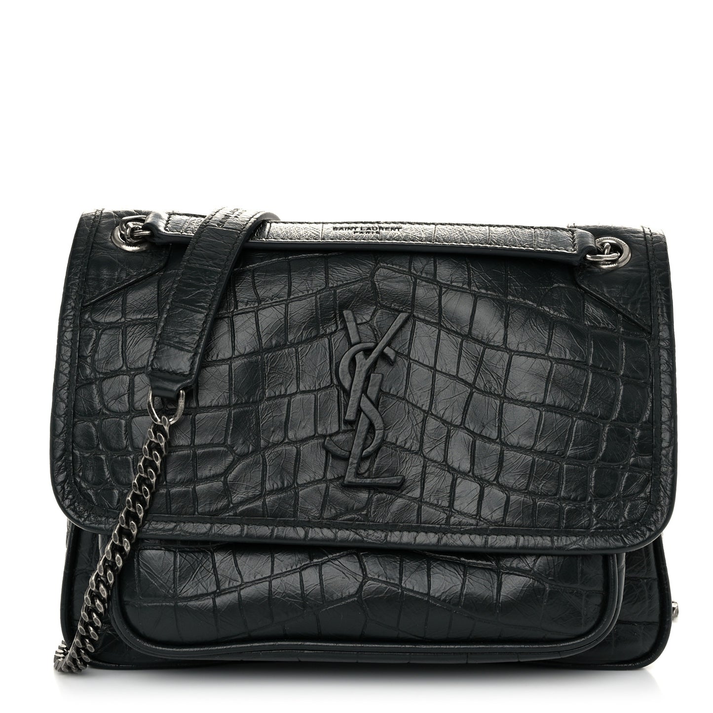Calfskin Crocodile Embossed Matelasse Monogram Baby Niki Chain Satchel Algea