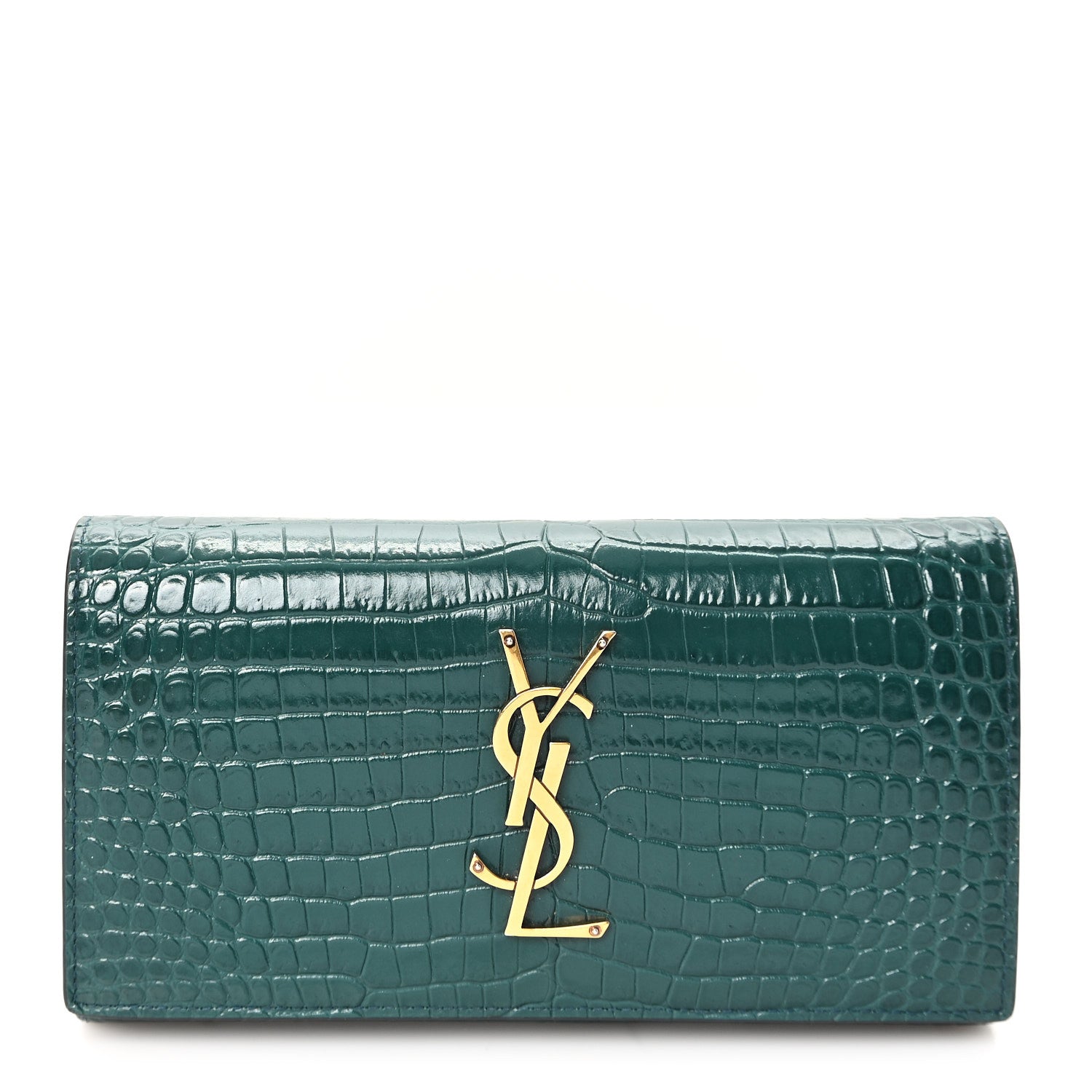 SAINT LAURENT 長財布 深緑 Saint Laurent Calfskin Crocodile Embossed Large Monogram Flap