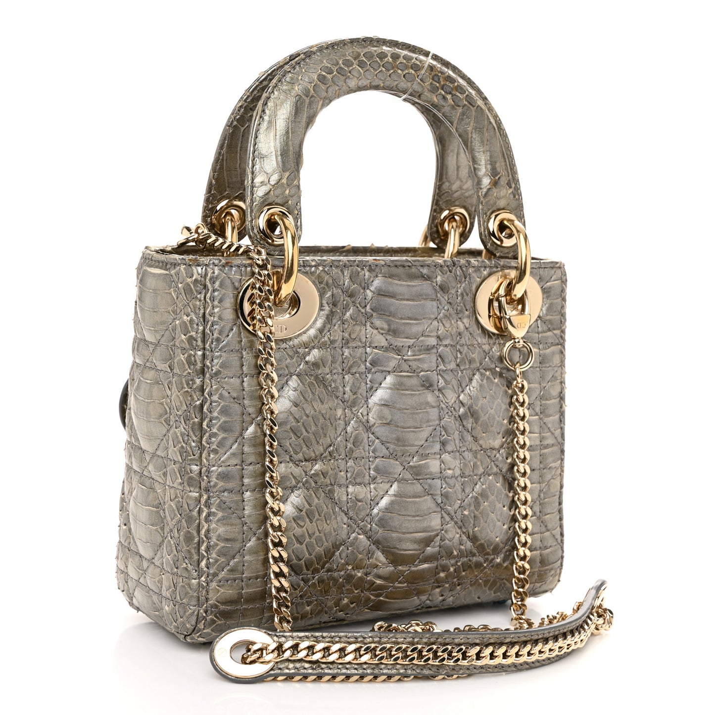 Metallic Snakeskin Cannage Mini Lady Dior Silver
